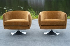 Pair Adrian Pearsall Barrel Form Swivel Chairs, Fresh Wool Blend & Tulip Bases