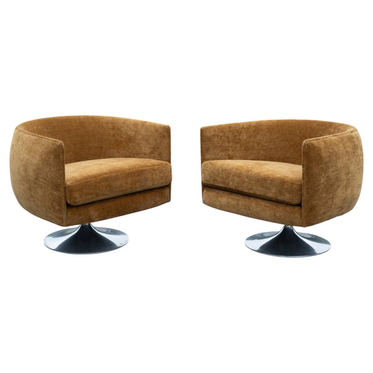 Pair Adrian Pearsall Barrel Form Swivel Chairs, Fresh Wool Blend & Tulip Bases