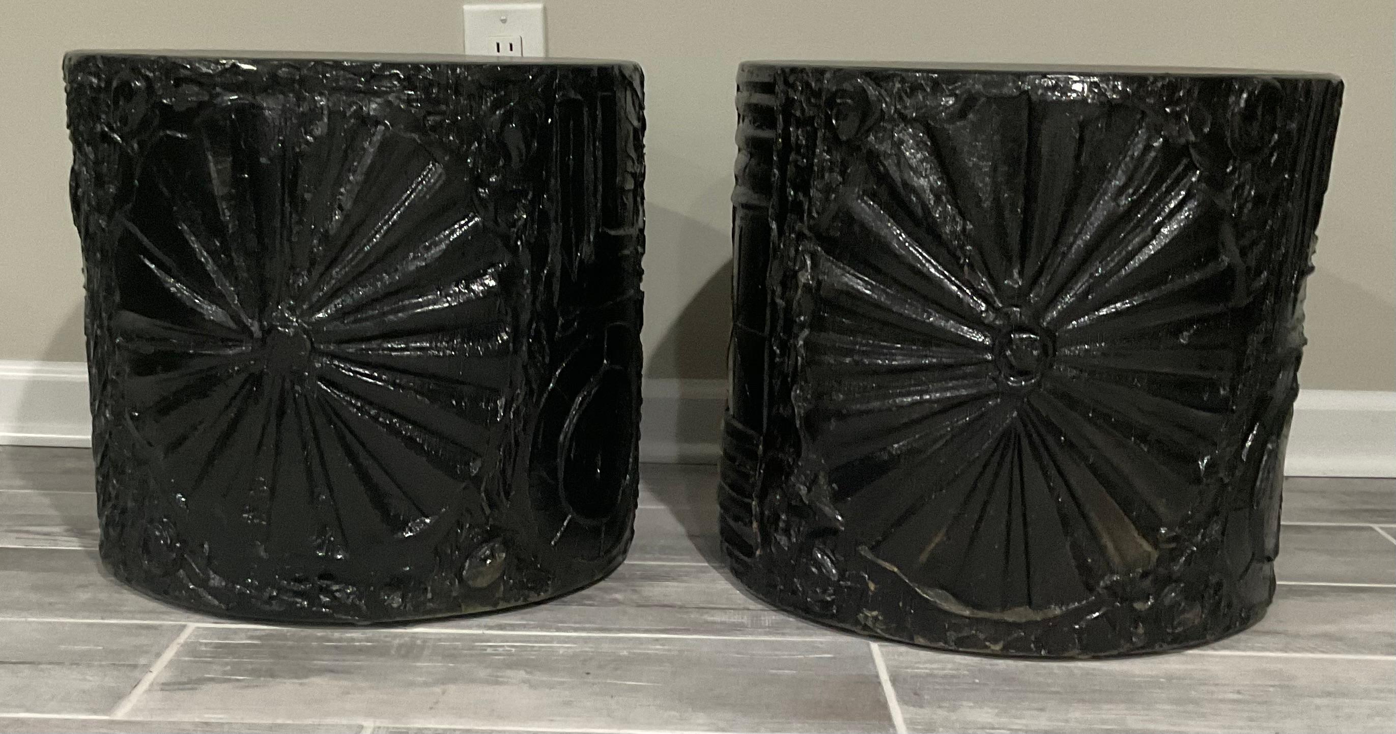 PAIR Adrian Pearsall Brutalist Drum End Tables with full circular decoration. Matched pair. 