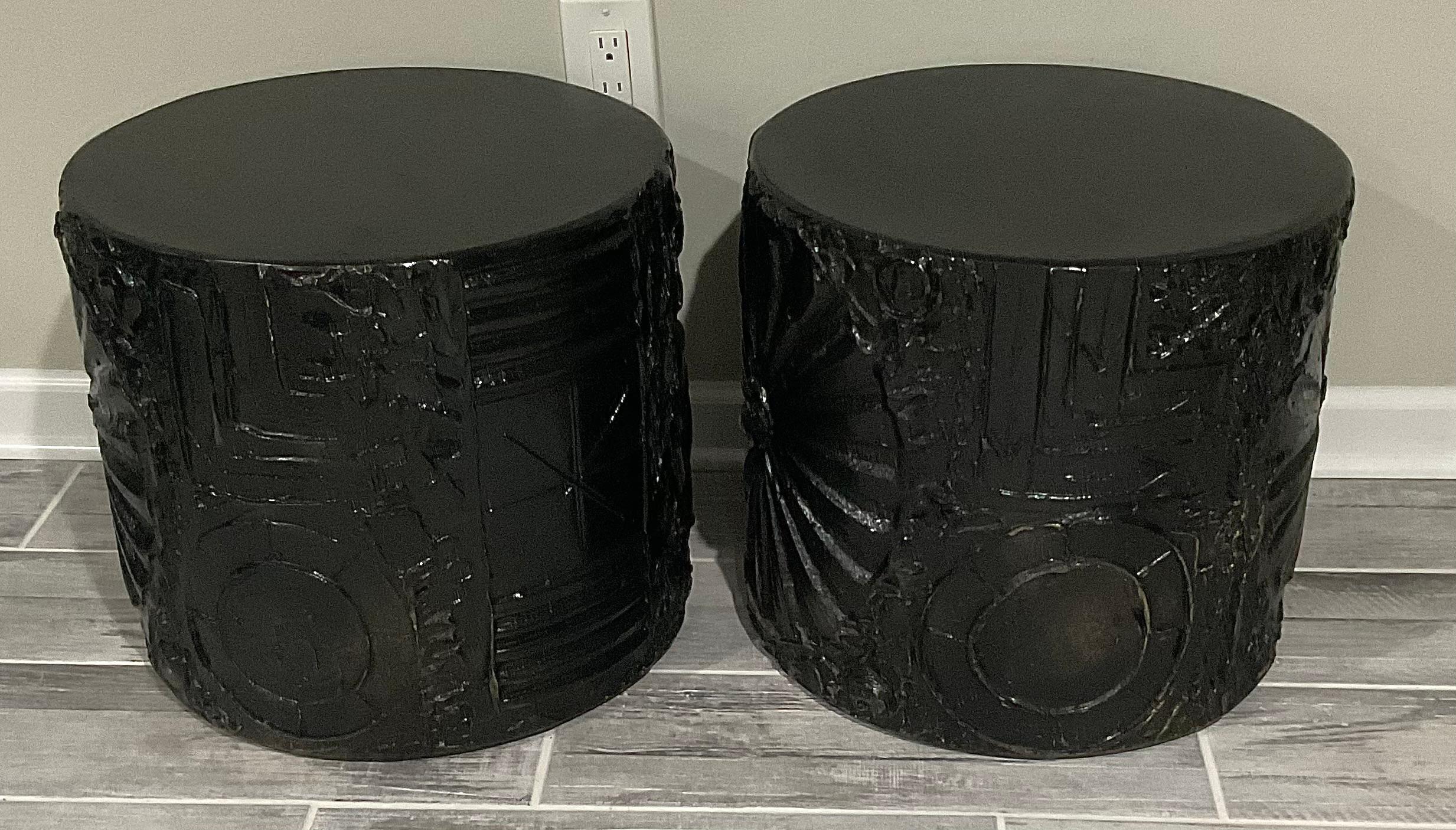 American PAIR Adrian Pearsall Brutalist Drum End Tables with full circular decoration 