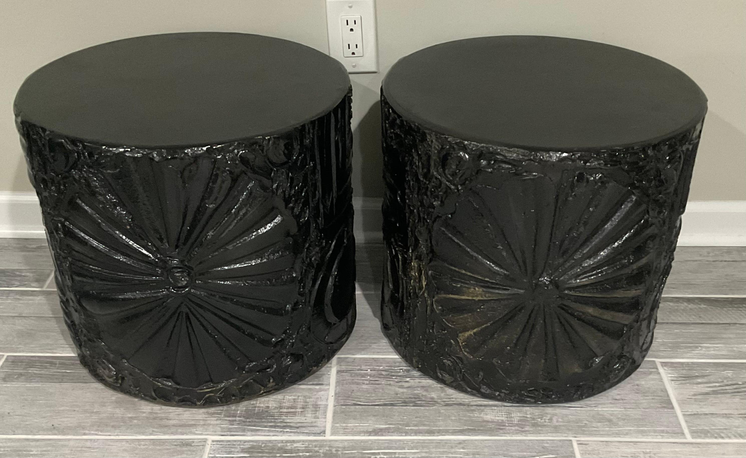 PAIR Adrian Pearsall Brutalist Drum End Tables with full circular decoration  In Good Condition In Ann Arbor, MI