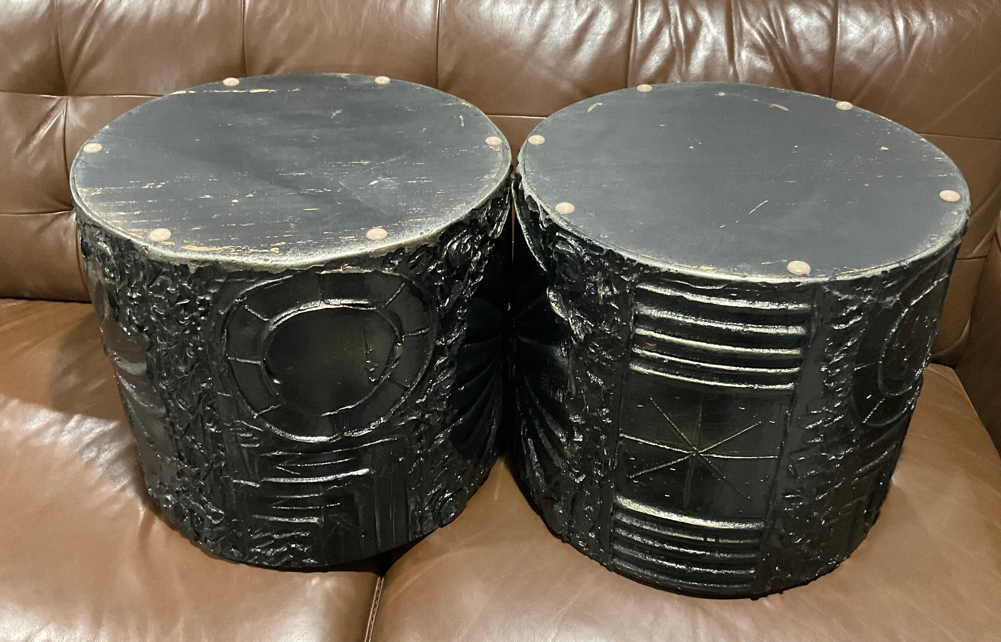 PAIR Adrian Pearsall Brutalist Drum End Tables with full circular decoration  1