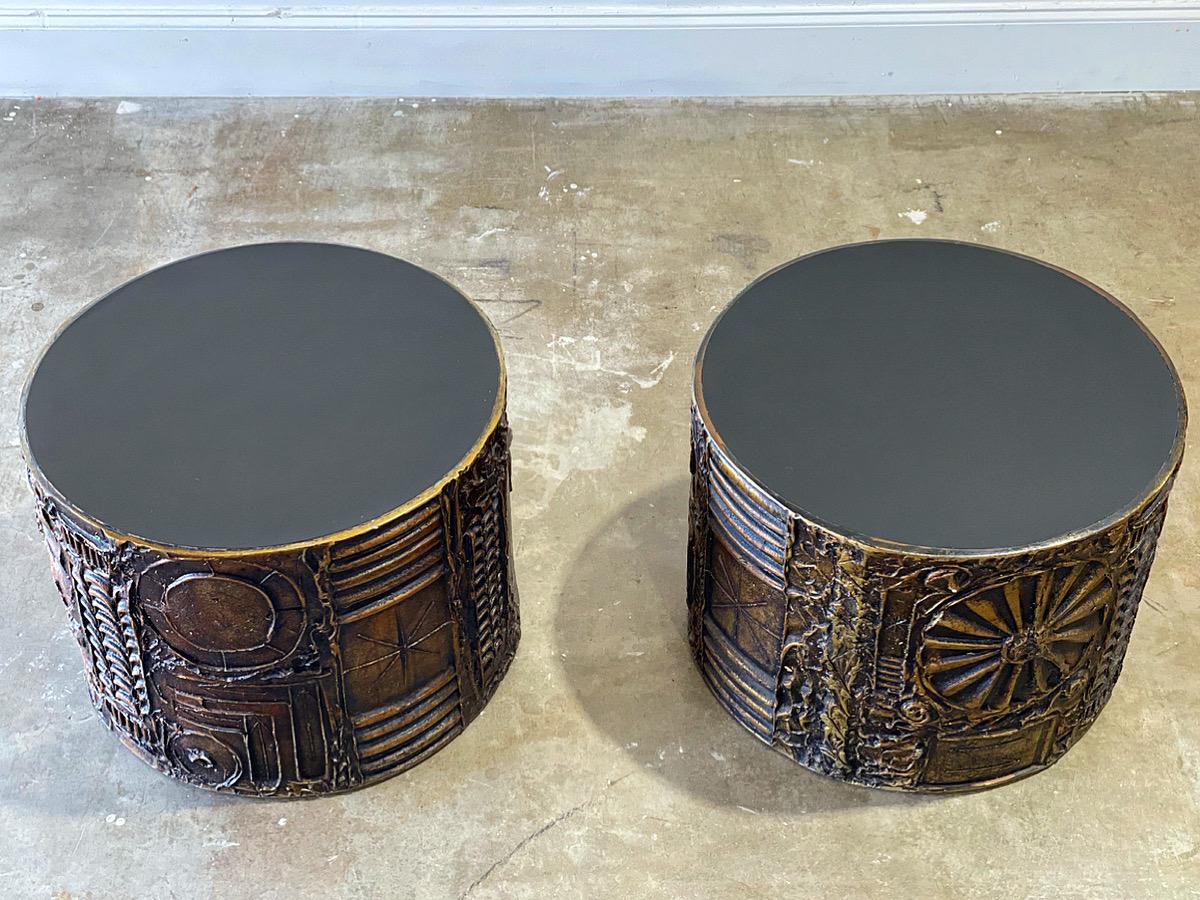 Brutalist style cylinder drum tables by Adrian Pearsall for Craft Associates, circa 1970s. Oversized and stout with organic sculpted resin and durable black laminate tops. Tables are in excellent condition with no issues of note - each has been