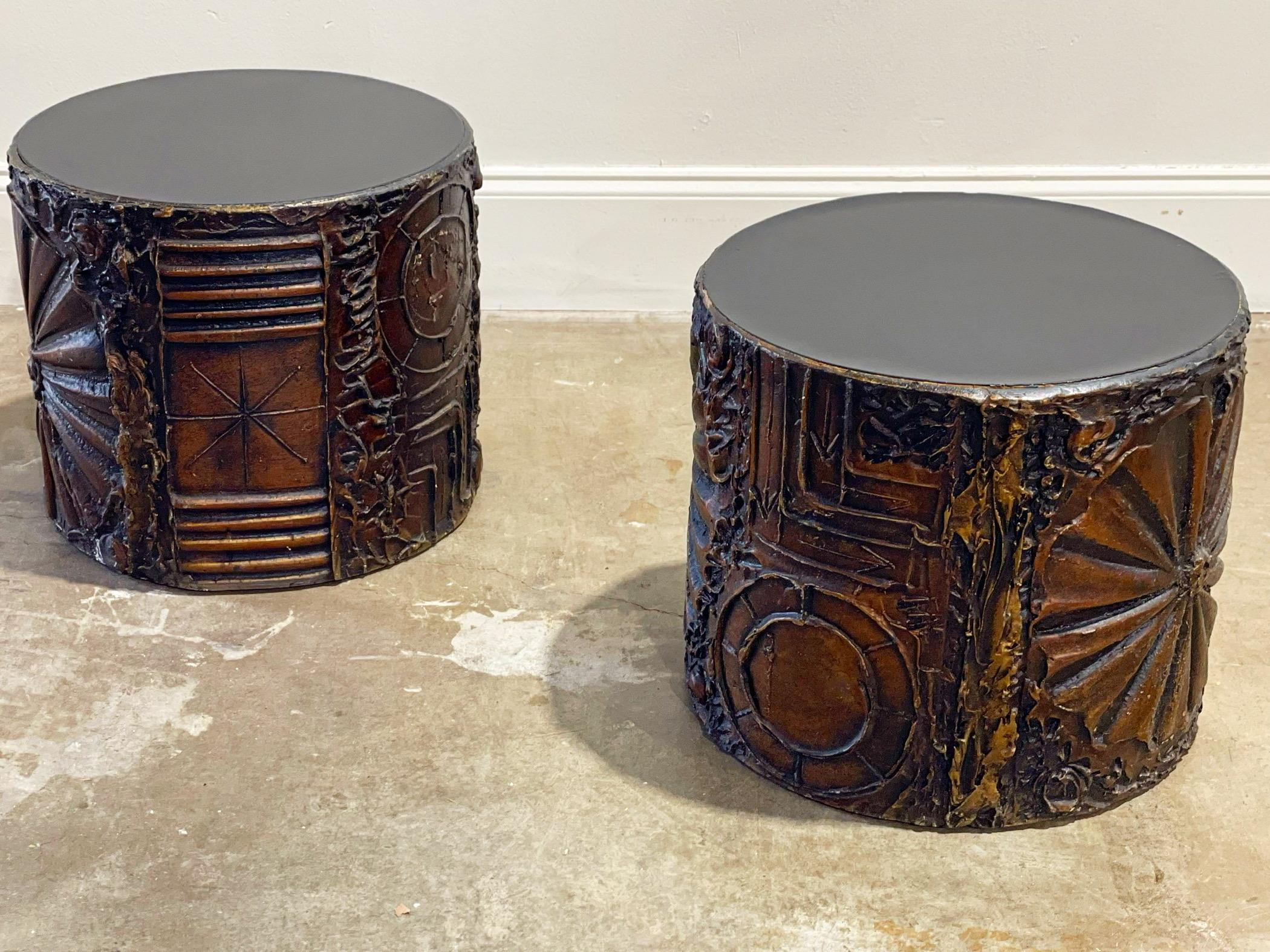 Pair Adrian Pearsall Brutalist Midcentury Style Drum Tables, After Paul Evans In Good Condition In Decatur, GA