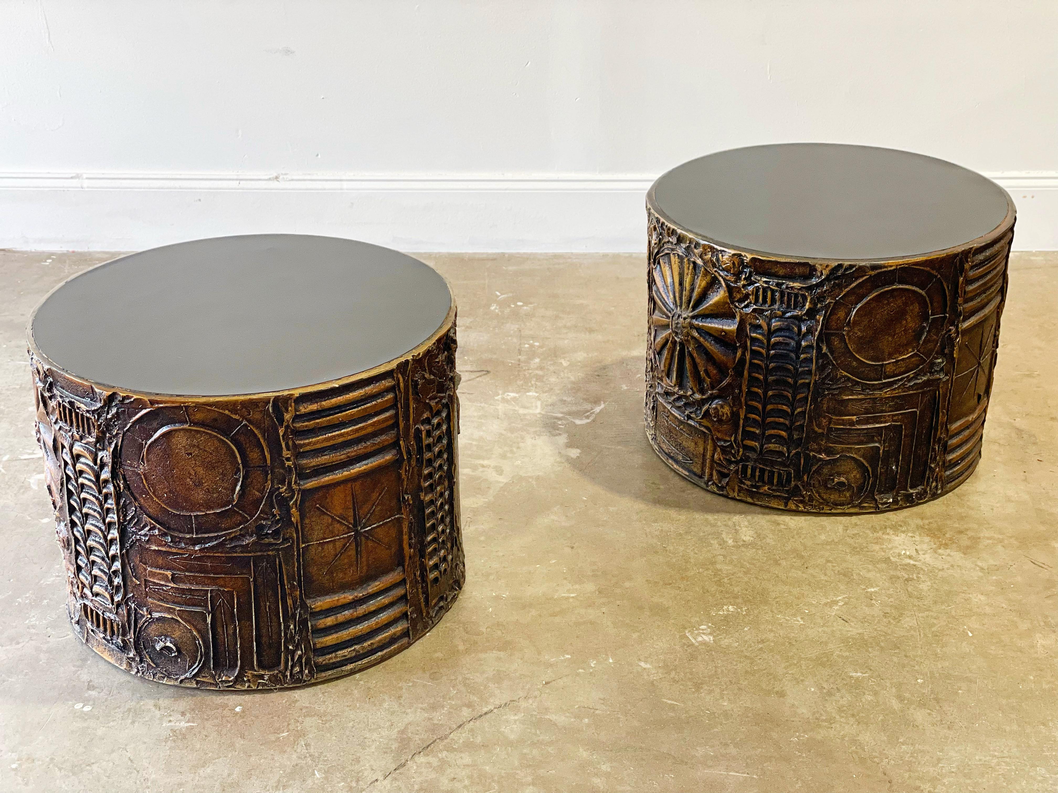 Late 20th Century Pair Adrian Pearsall Brutalist Midcentury Style Drum Tables, After Paul Evans