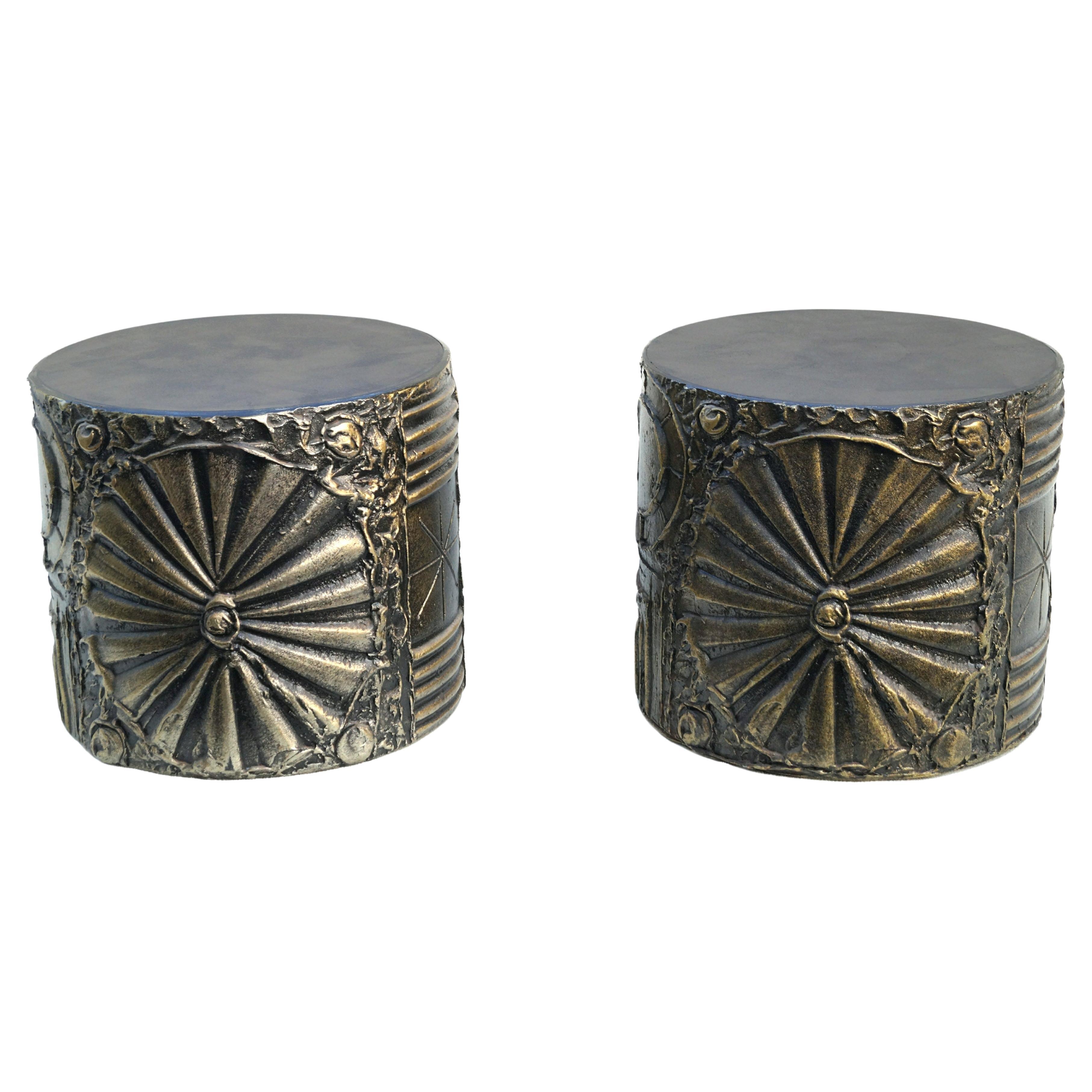 Adrian Pearsall Craft Associates Brutalist Pair of Side End or Accent Tables . The highly decorated resin surfaces are similar to Paul Evans Brutalist Sculpted Bronze Series studio pieces. The resin on this has a goop  textured surface mimicking