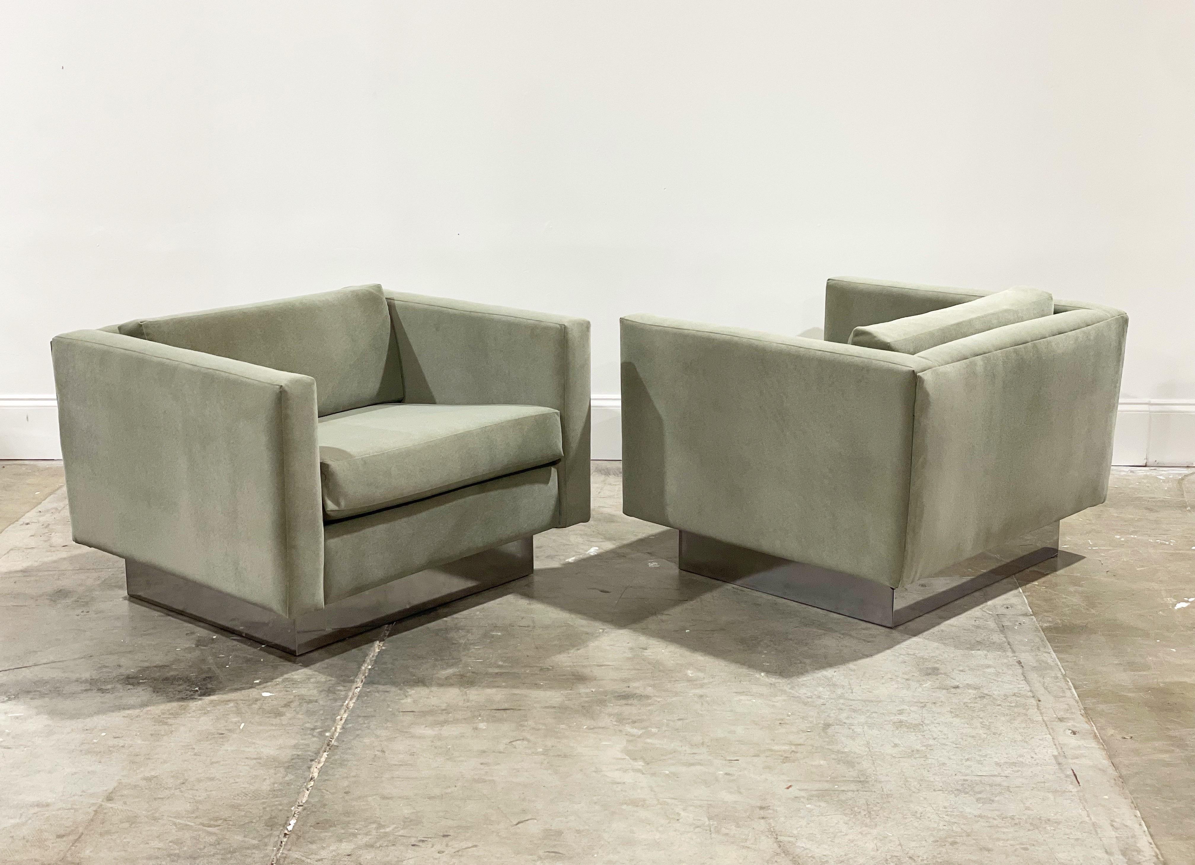 Exquisite pair of Adrian Pearsall oversized Mid-Century Modern cube lounger chairs by Craft Associates, circa 1970. Tuxedo style chair with chromed aluminum plinth bases. Completely restored with all new webbing, foam, batting and ultra luxe sage