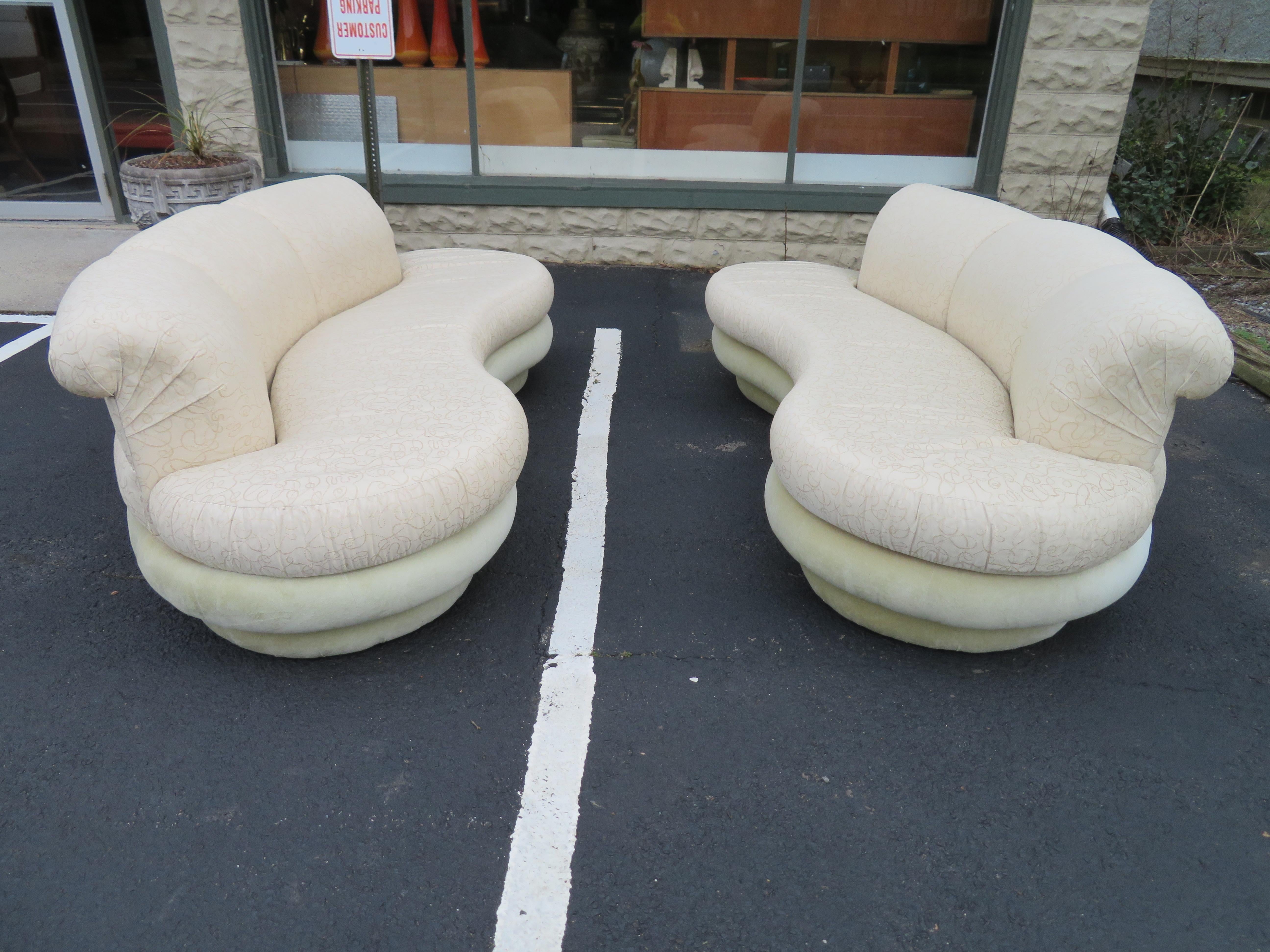 Fantastic pair of Adrian Pearsall for Comfort Designs curved kidney shaped sofas. Sofas retain their original upholstery in not bad condition but we would recommend they get new upholstery. They measure 30