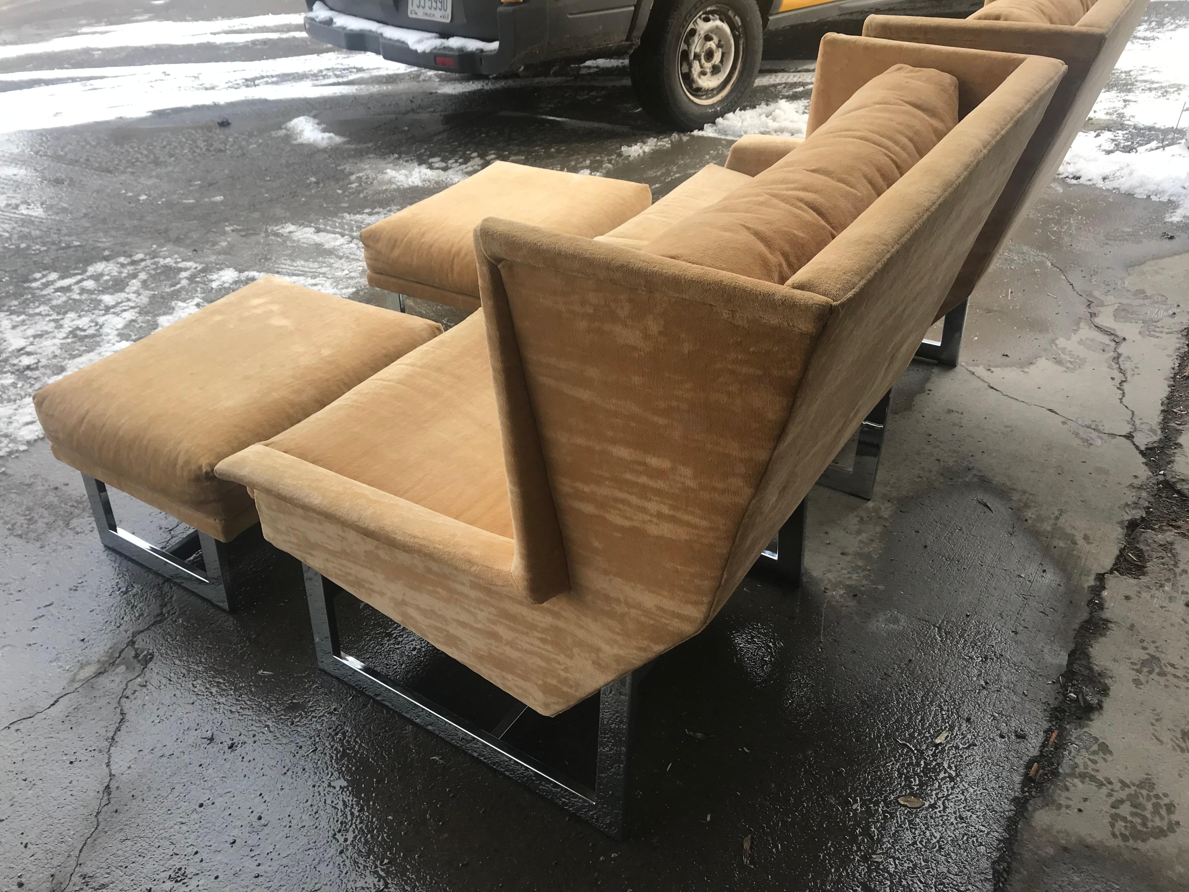 Pair of Adrian Pearsall lounge chairs / ottomans, over scale dramatic forms, Classic modernist design. Exaggerated forms, large wing backs, extremely comfortable. Retain original neutral color velour fabric in useable condition, would be fabulous