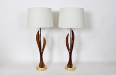 Pair Adrian Pearsall Style Sculpted Walnut and Brass Table Lamps, 1950s