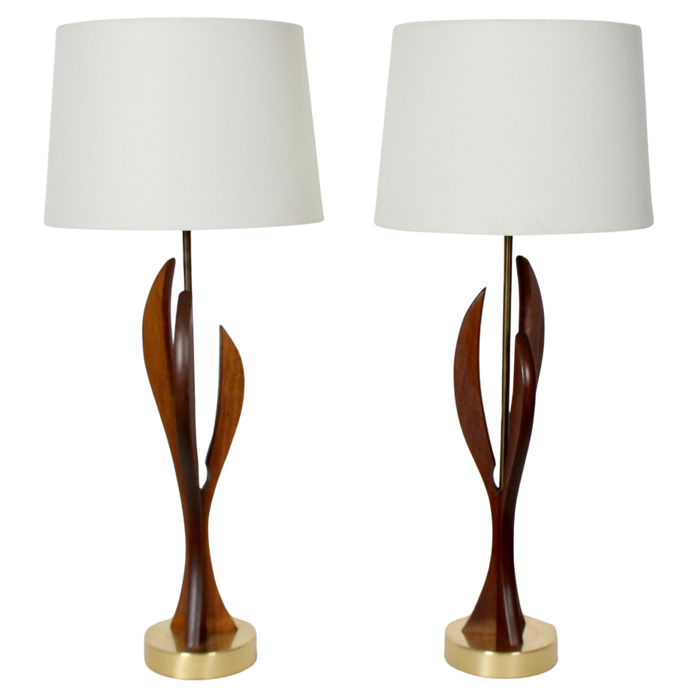 Pair Adrian Pearsall Style Sculpted Walnut and Brass Table Lamps, 1950s