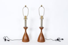Pair Adrian Pearsall Style Modern Walnut & Brushed Steel Hourglass Table Lamps