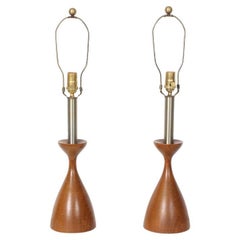 Pair Adrian Pearsall Style Modern Walnut & Brushed Steel Hourglass Table Lamps