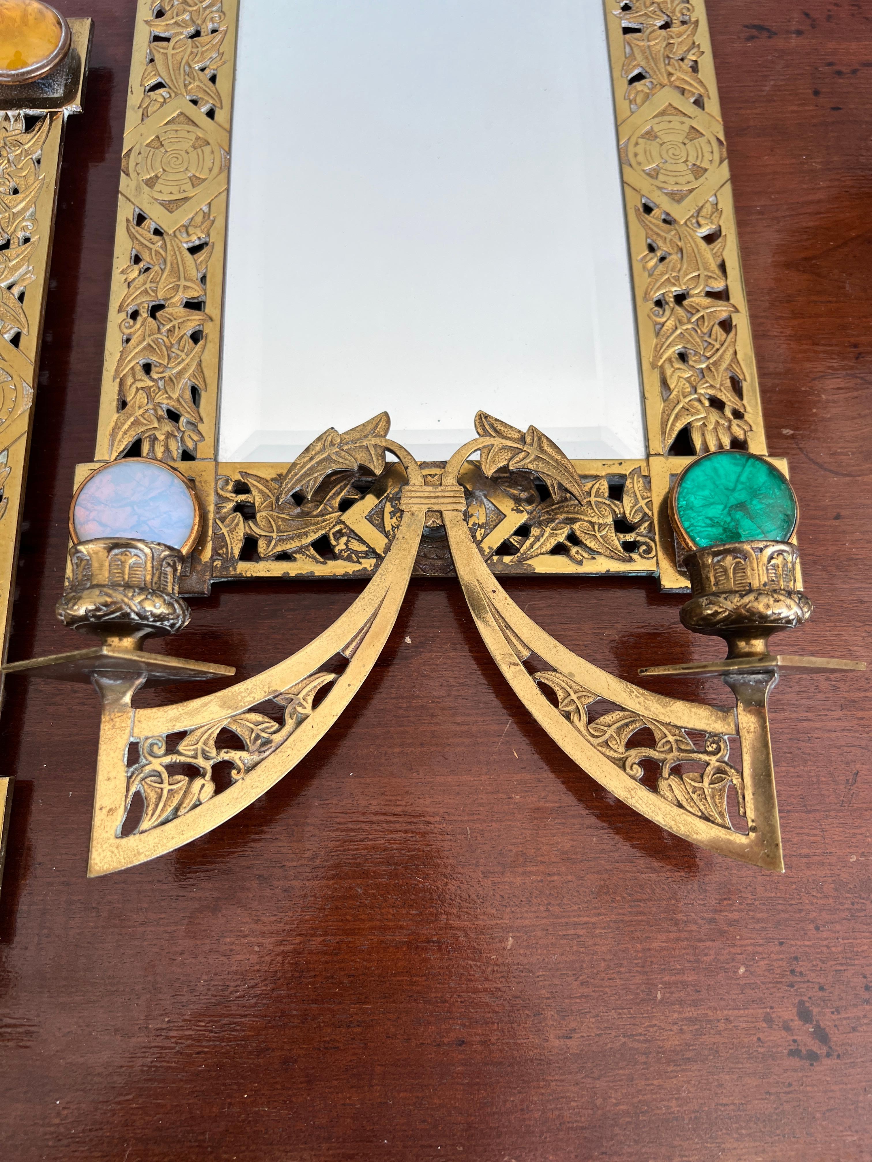 Pair, Aesthetic Movement Jeweled Bronze 2-Candle Wall Mirrors C. 1890 For Sale 5