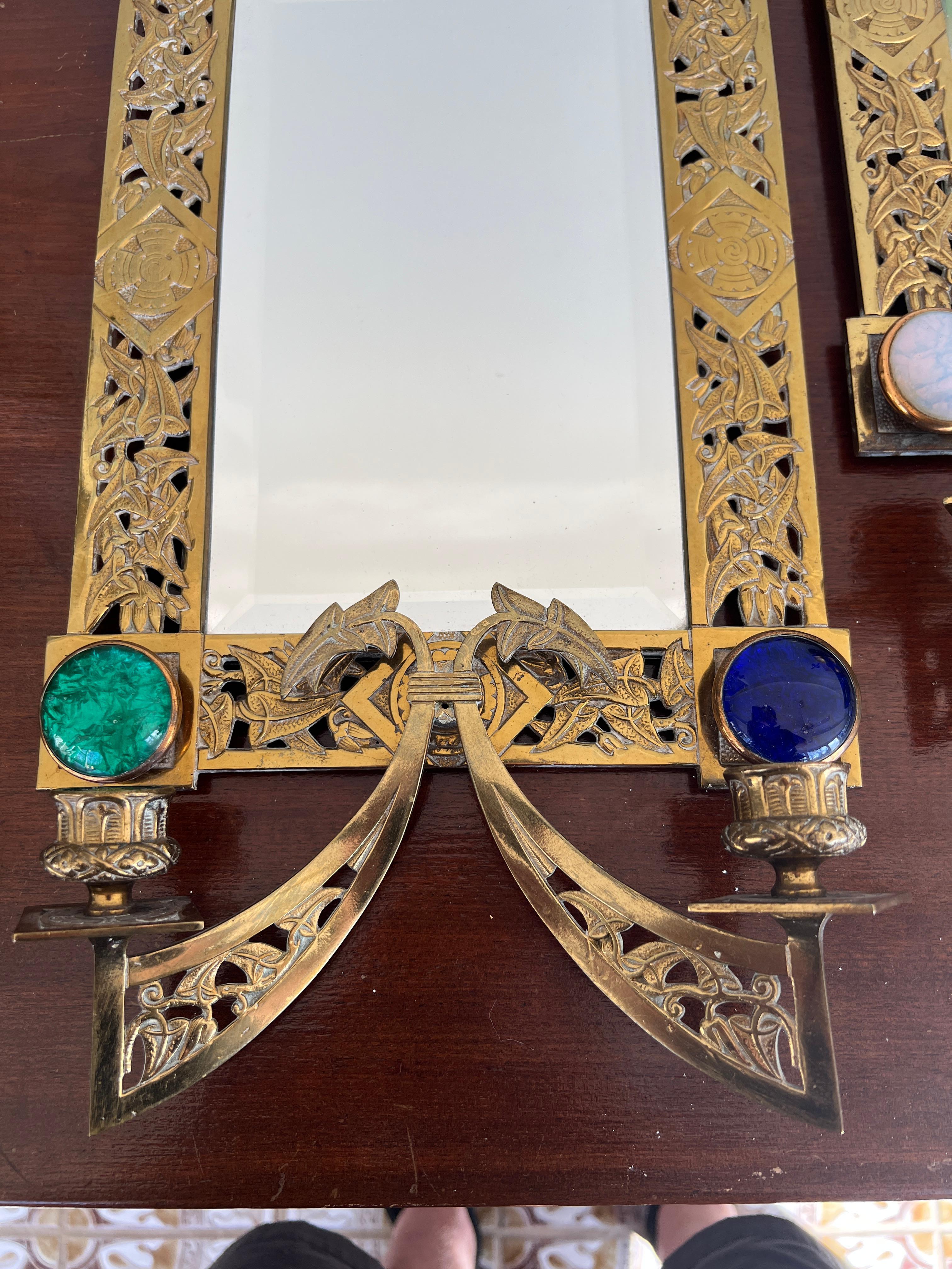 Pair, Aesthetic Movement Jeweled Bronze 2-Candle Wall Mirrors C. 1890 For Sale 6