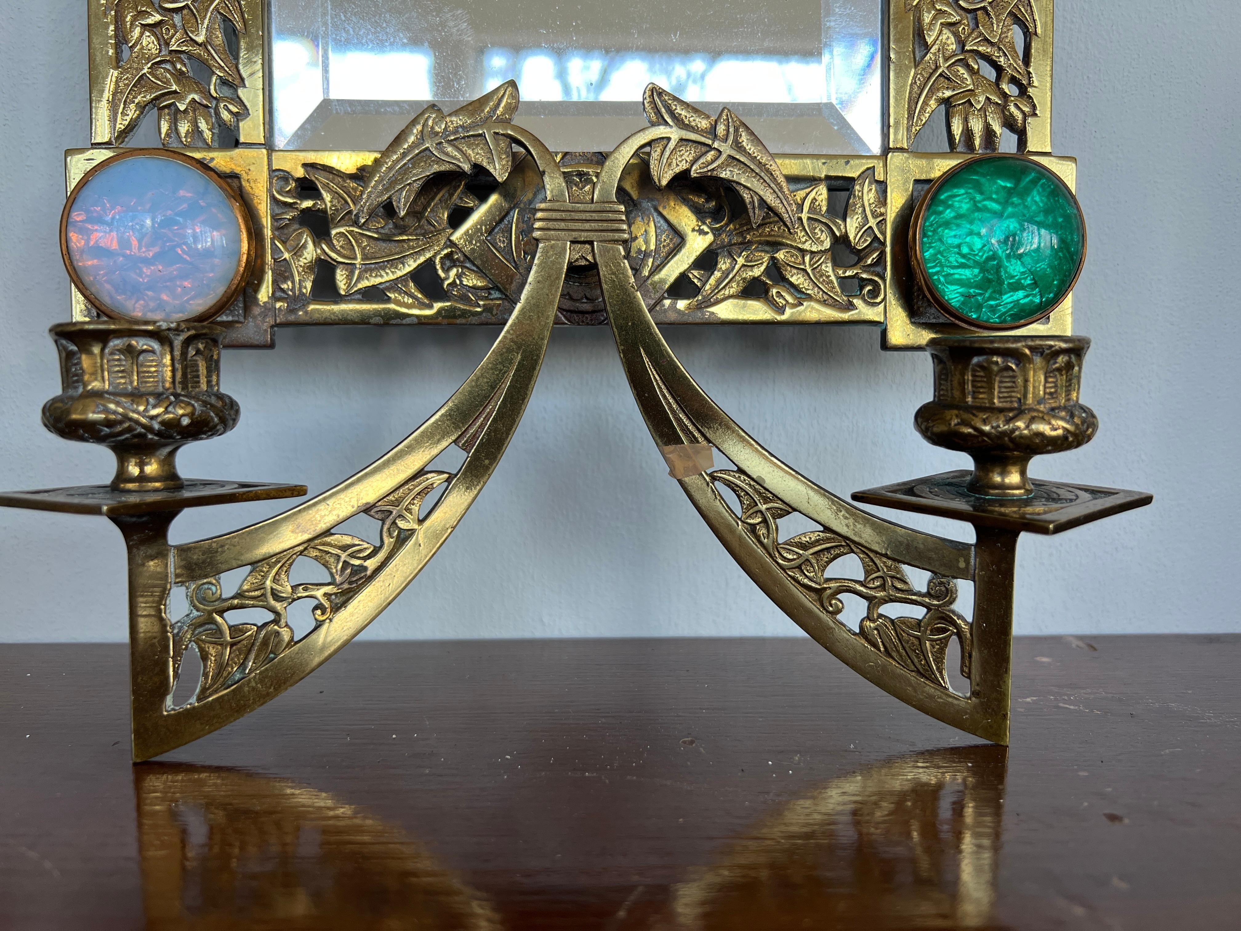 Pair, Aesthetic Movement Jeweled Bronze 2-Candle Wall Mirrors C. 1890 For Sale 1
