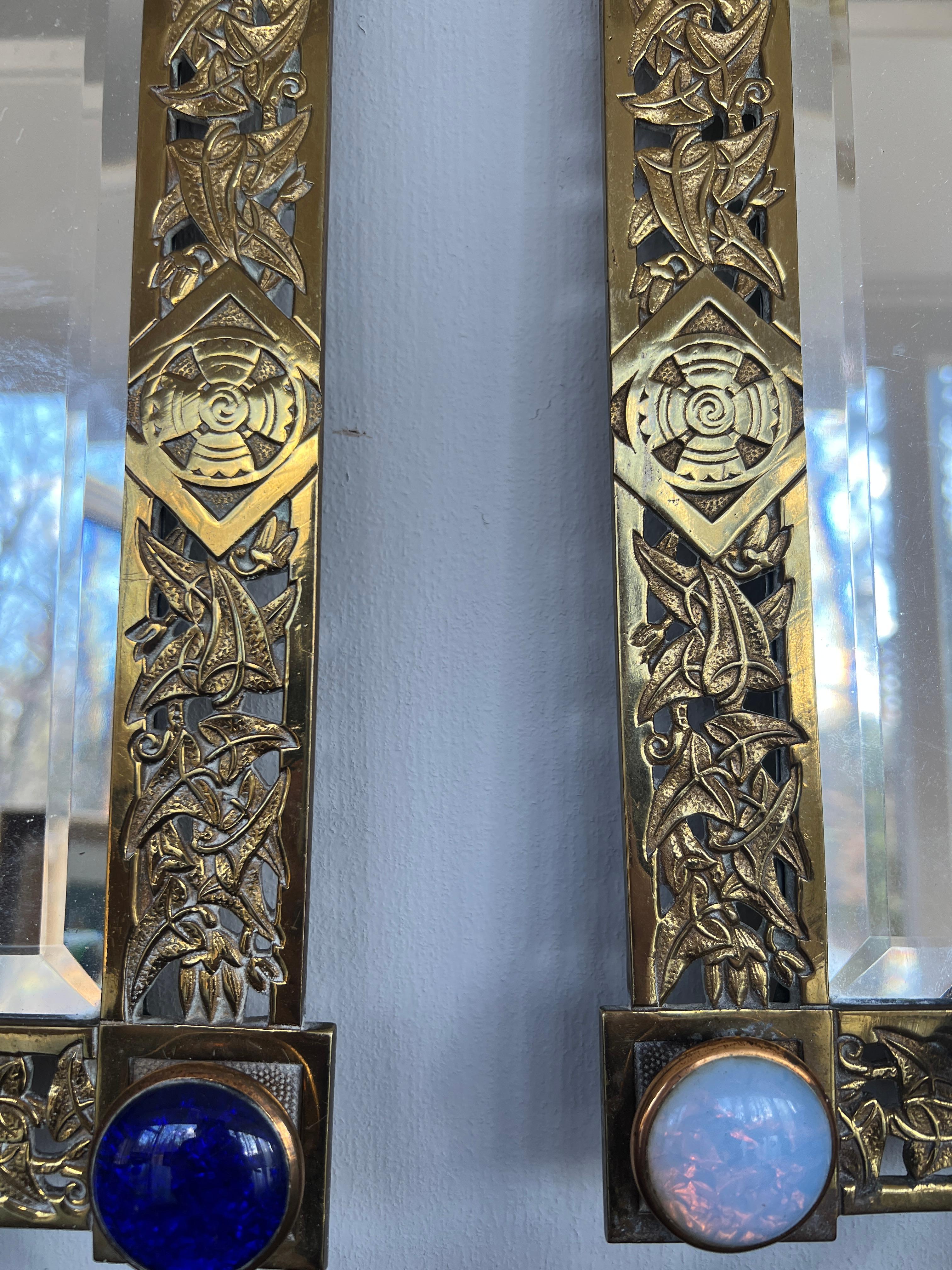 Pair, Aesthetic Movement Jeweled Bronze 2-Candle Wall Mirrors C. 1890 For Sale 2