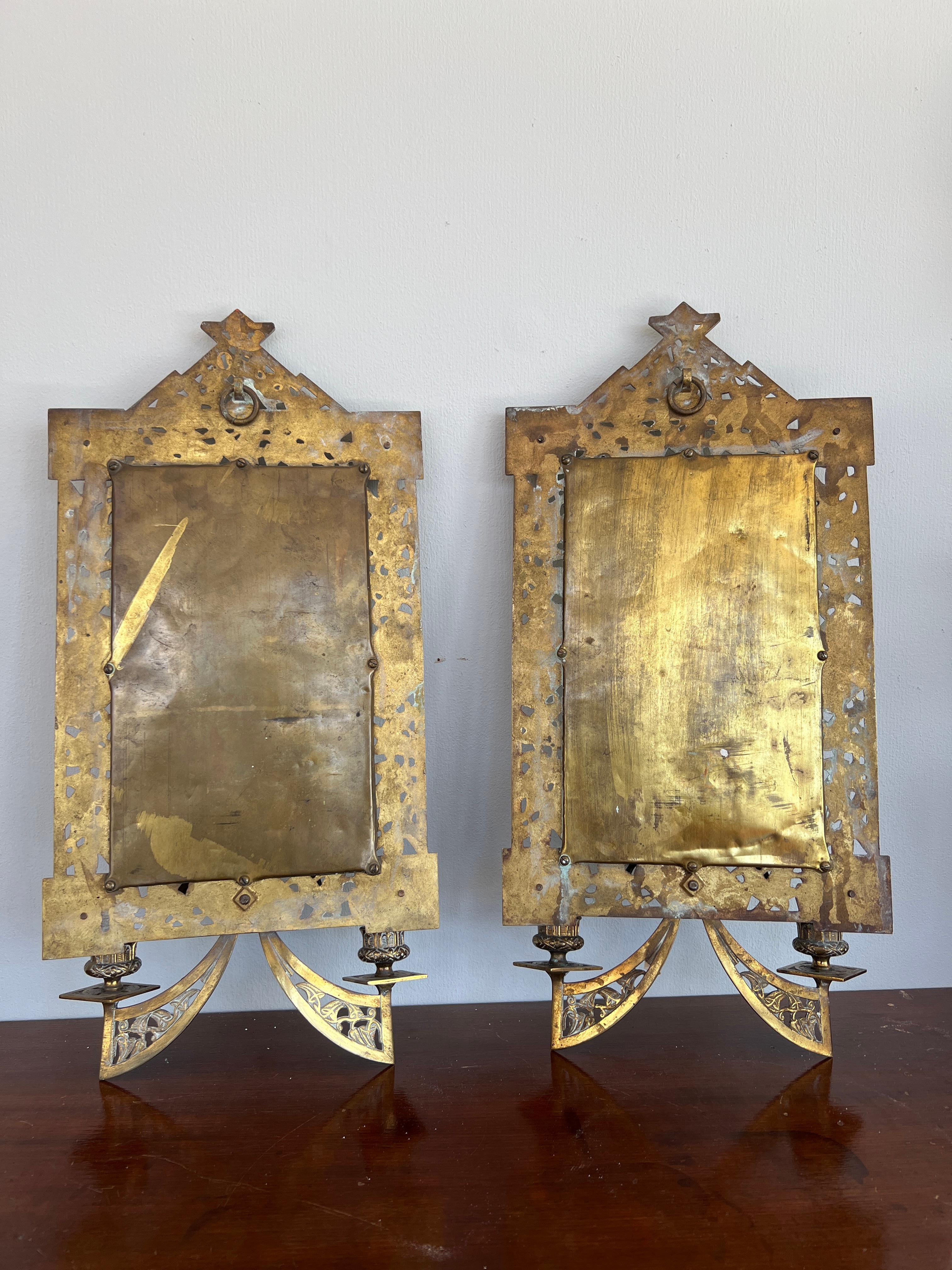 Pair, Aesthetic Movement Jeweled Bronze 2-Candle Wall Mirrors C. 1890 For Sale 3