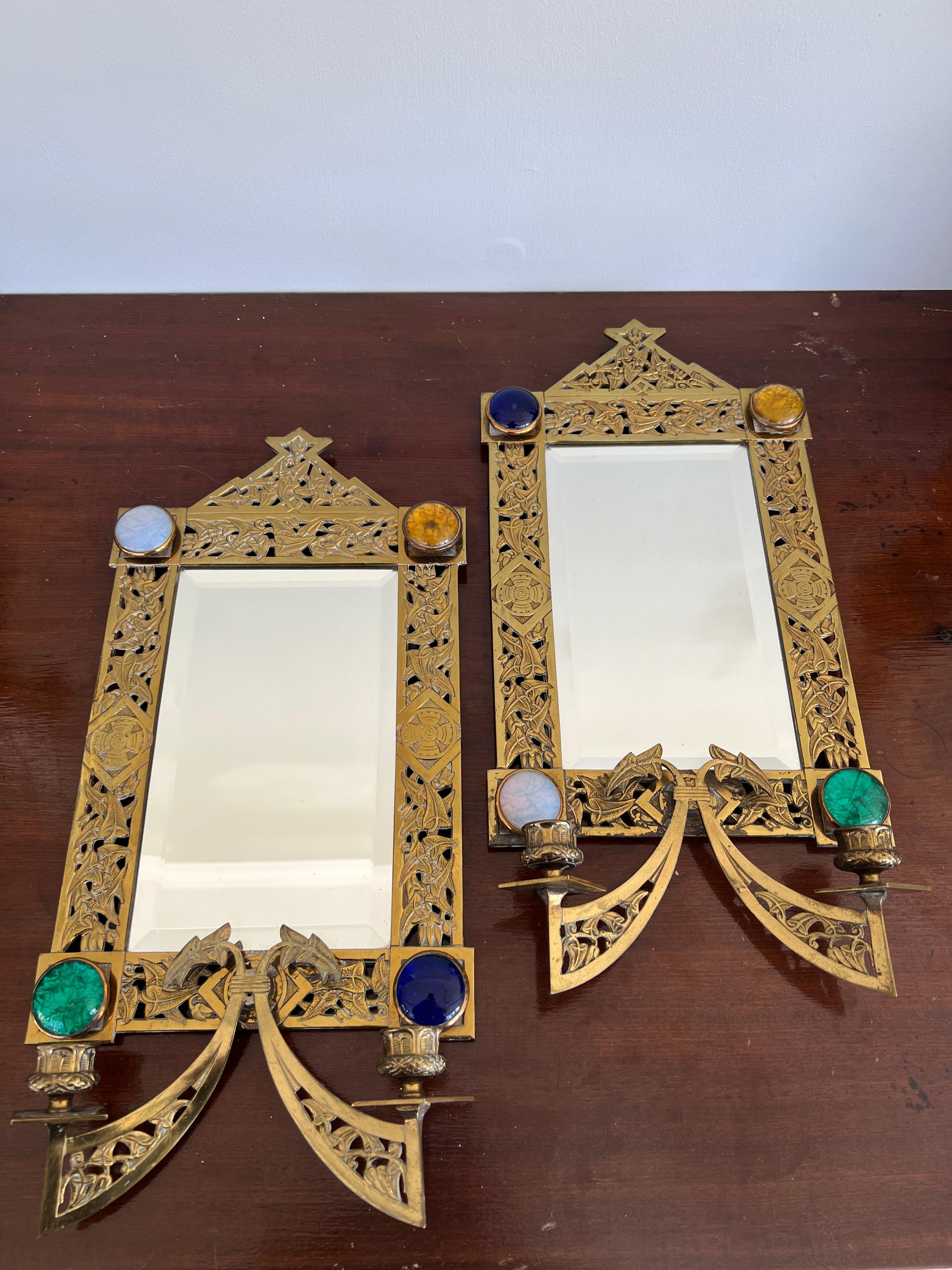 Pair, Aesthetic Movement Jeweled Bronze 2-Candle Wall Mirrors C. 1890 For Sale 4