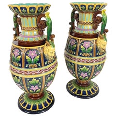 Pair of Aesthetic Movement Majolica Vases Signed Wilhelm Schiller, Bohemia