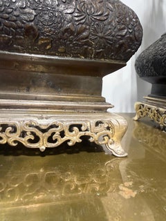 Pair, Aesthetic Movement Style East Asian Bronze Floral-Repoussé Table Lamps