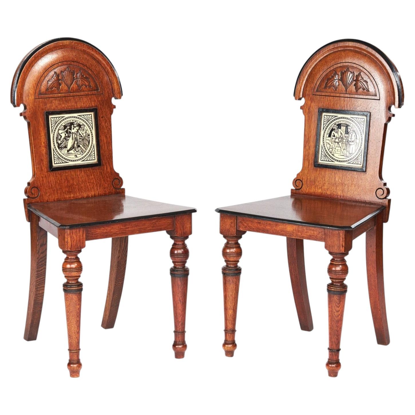 Pair Aesthetic period Oak Tiled back Hall chairs For Sale