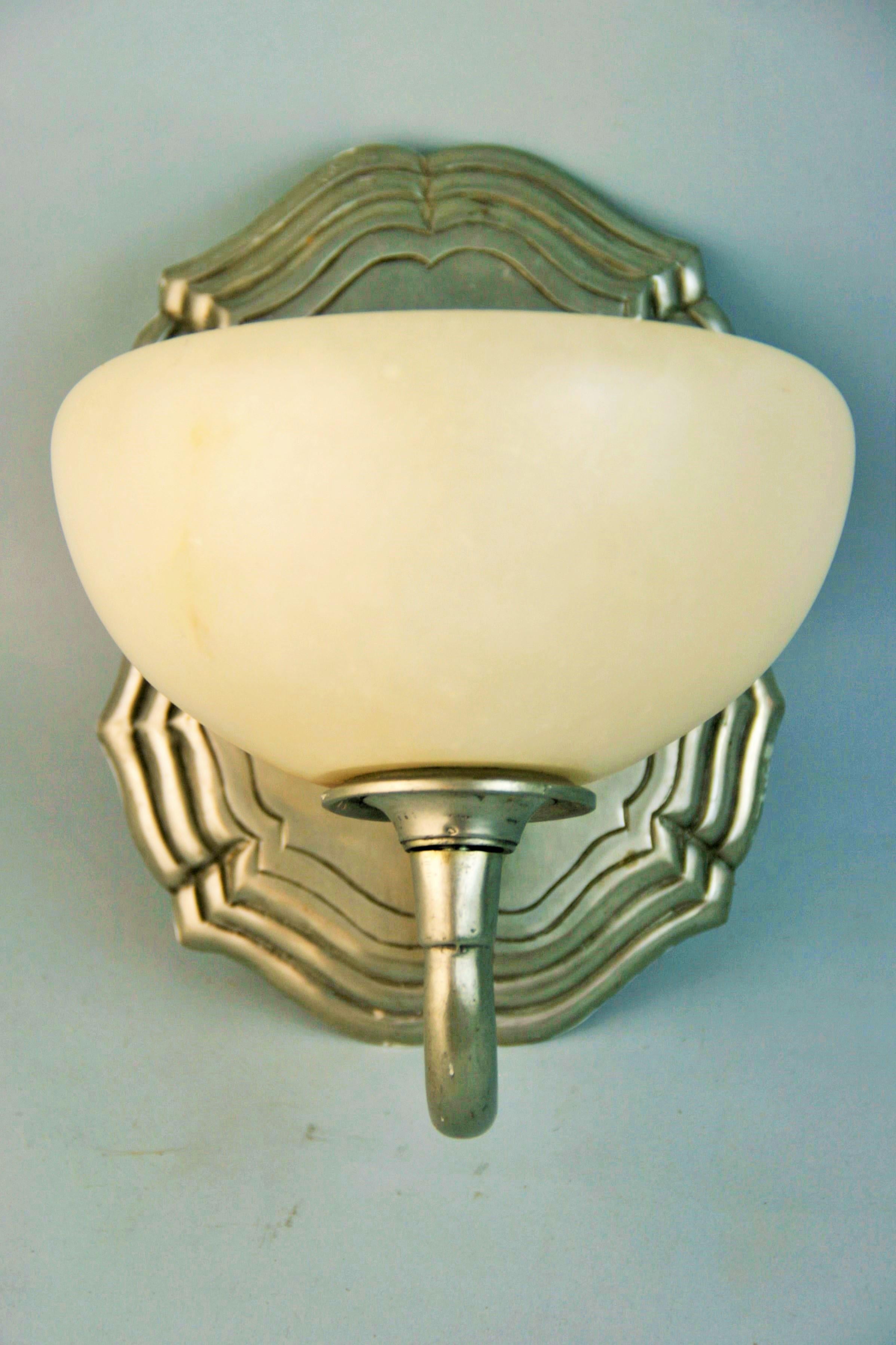 Pair Alabaster and Pewter Wall Sconces In Good Condition For Sale In Douglas Manor, NY