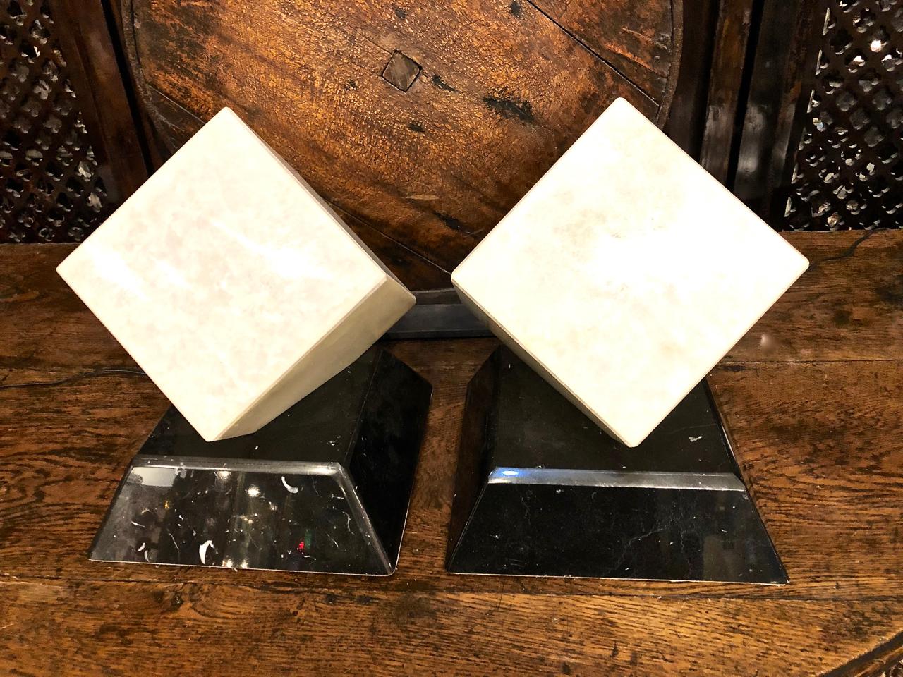 Granite Pair of Alabaster Cube Lamps For Sale