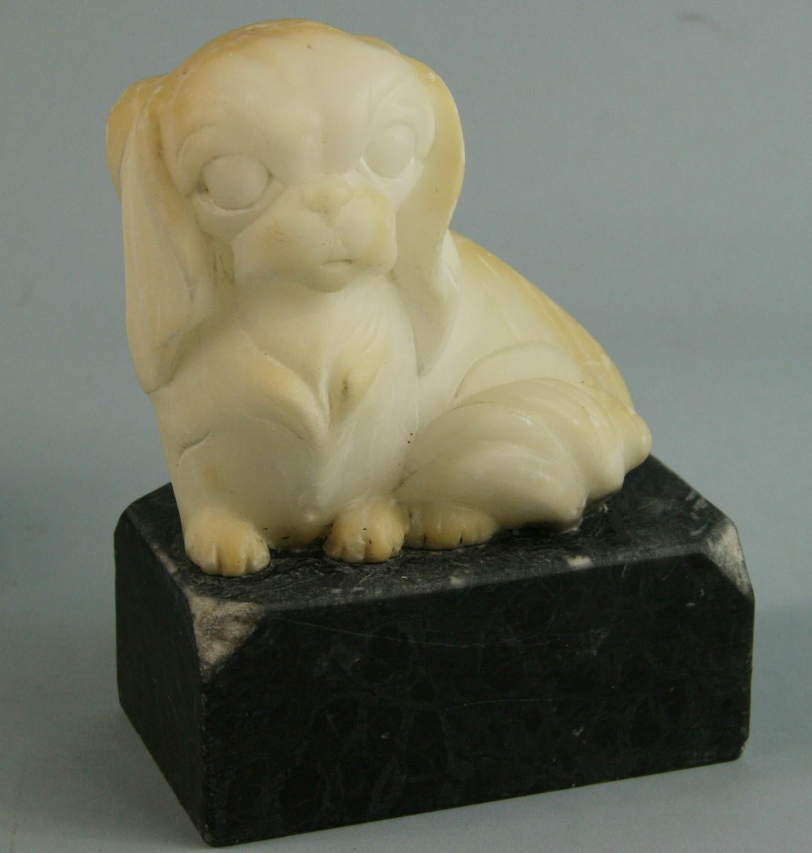 Pair Art Deco  Alabaster Pekingese Dog Bookends/Sculptures In Good Condition In Douglas Manor, NY