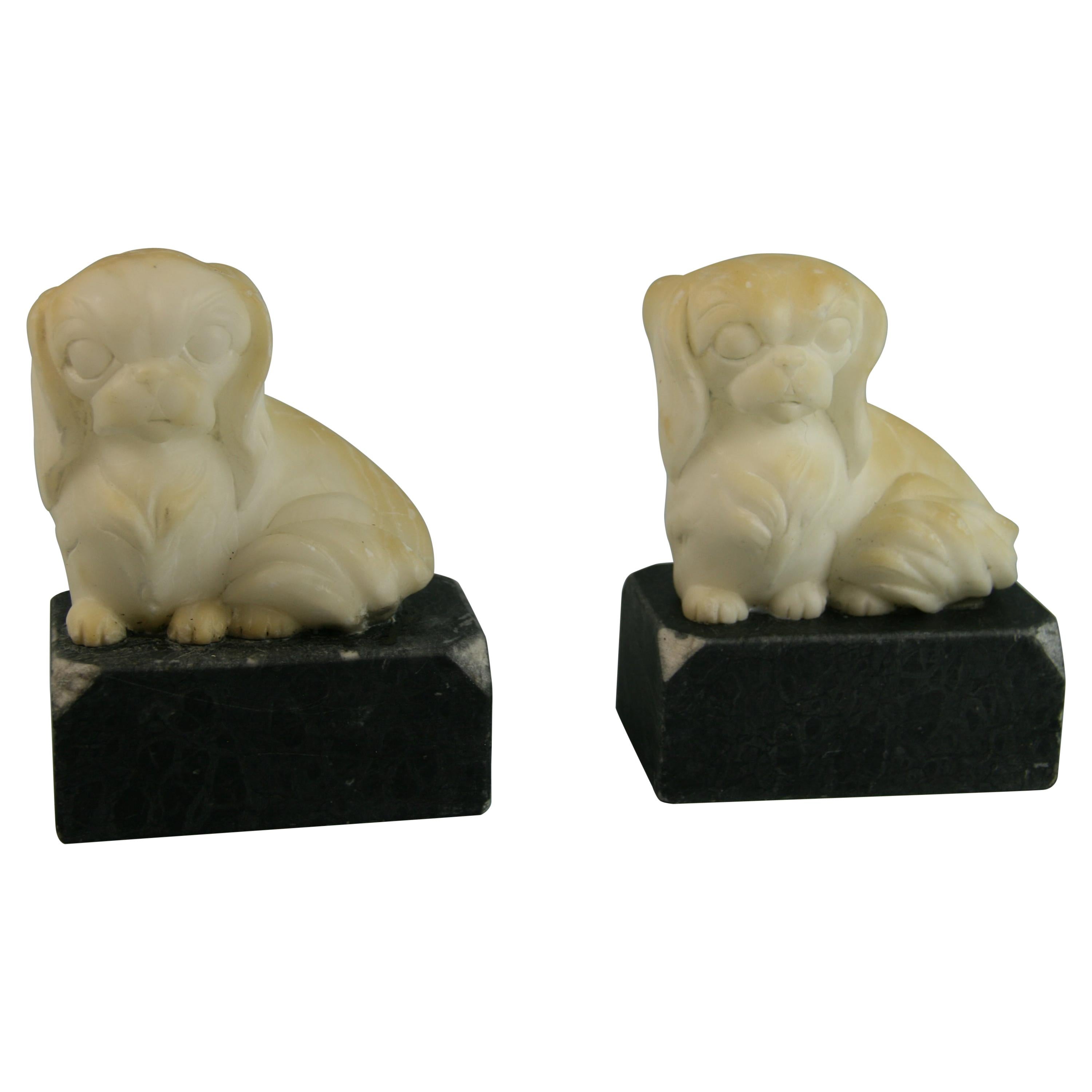 Pair Art Deco  Alabaster Pekingese Dog Bookends/Sculptures