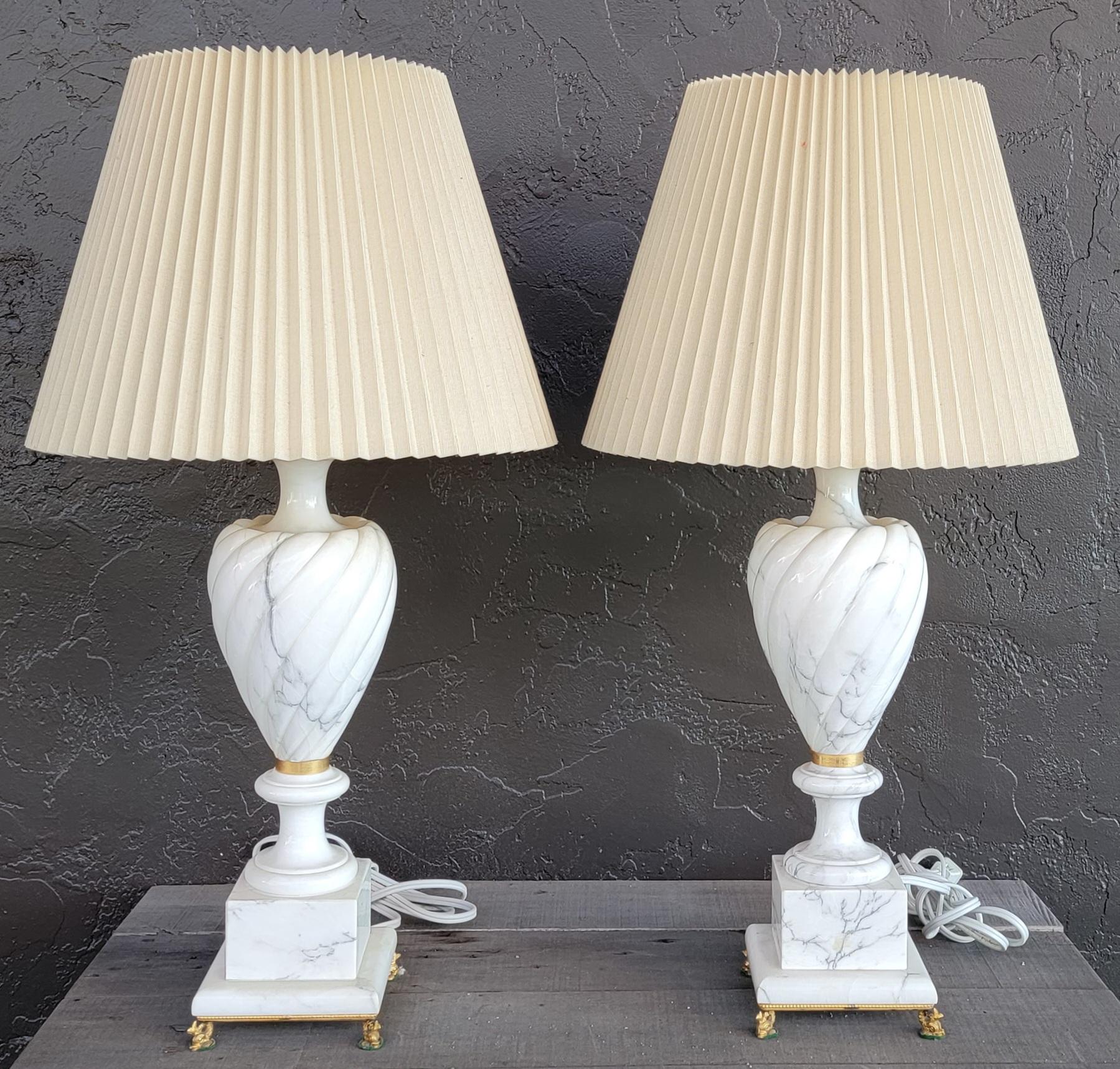 Pair Alabaster Lamps with Brass Mounts For Sale 5