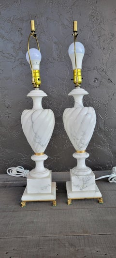 Pair Alabaster Lamps with Brass Mounts