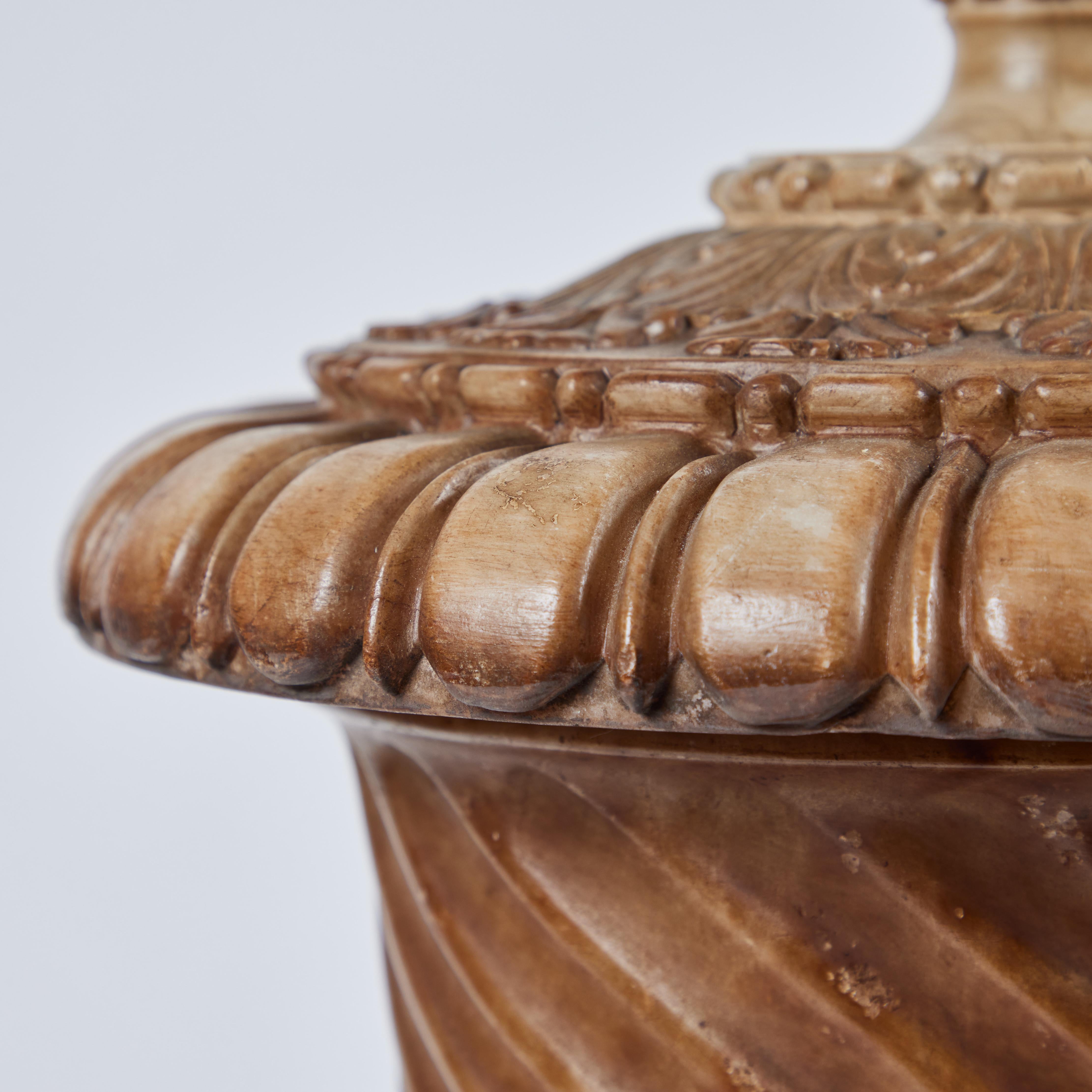 Hand-Carved Pair Alabaster Lidded Urns For Sale