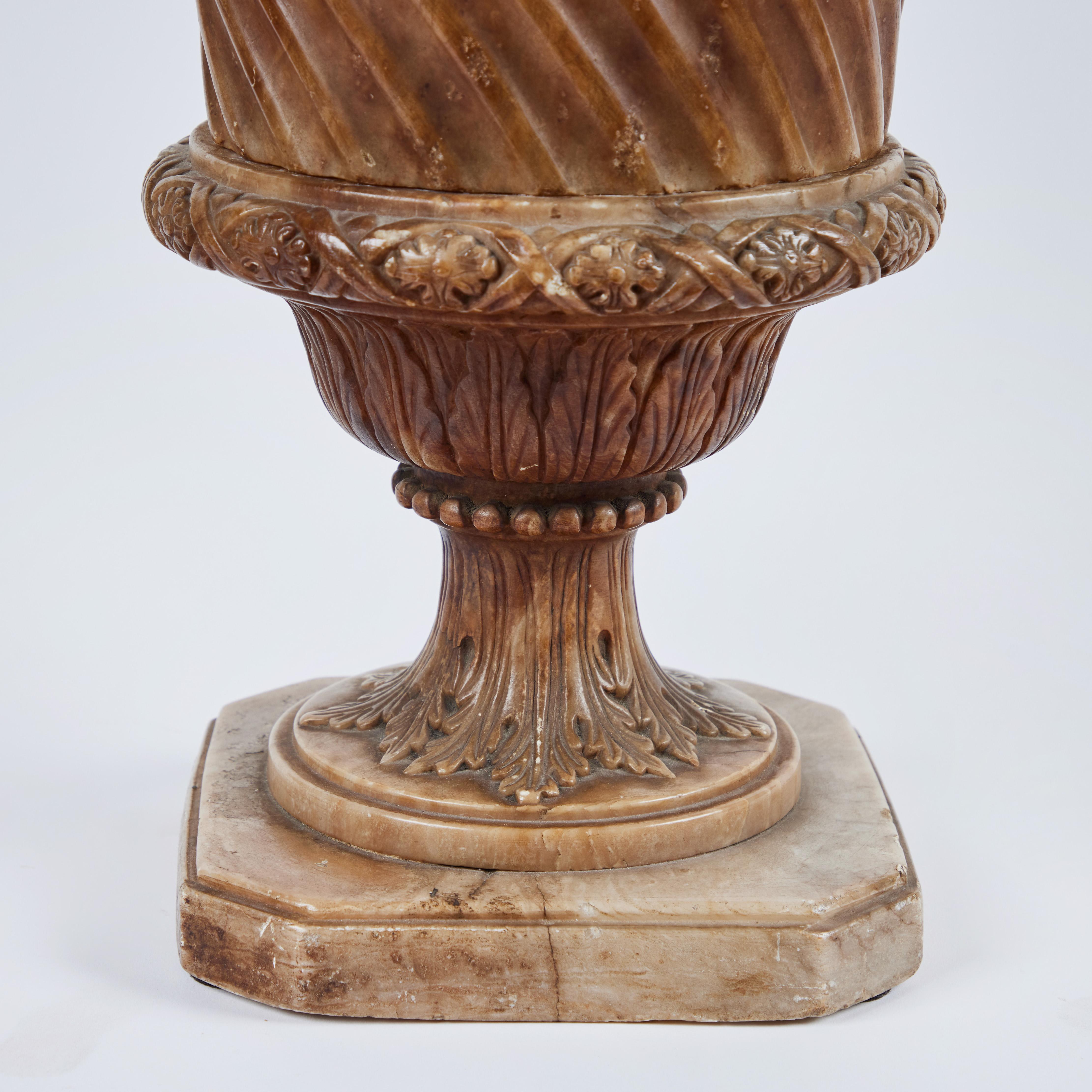 Pair Alabaster Lidded Urns In Good Condition For Sale In Newport Beach, CA