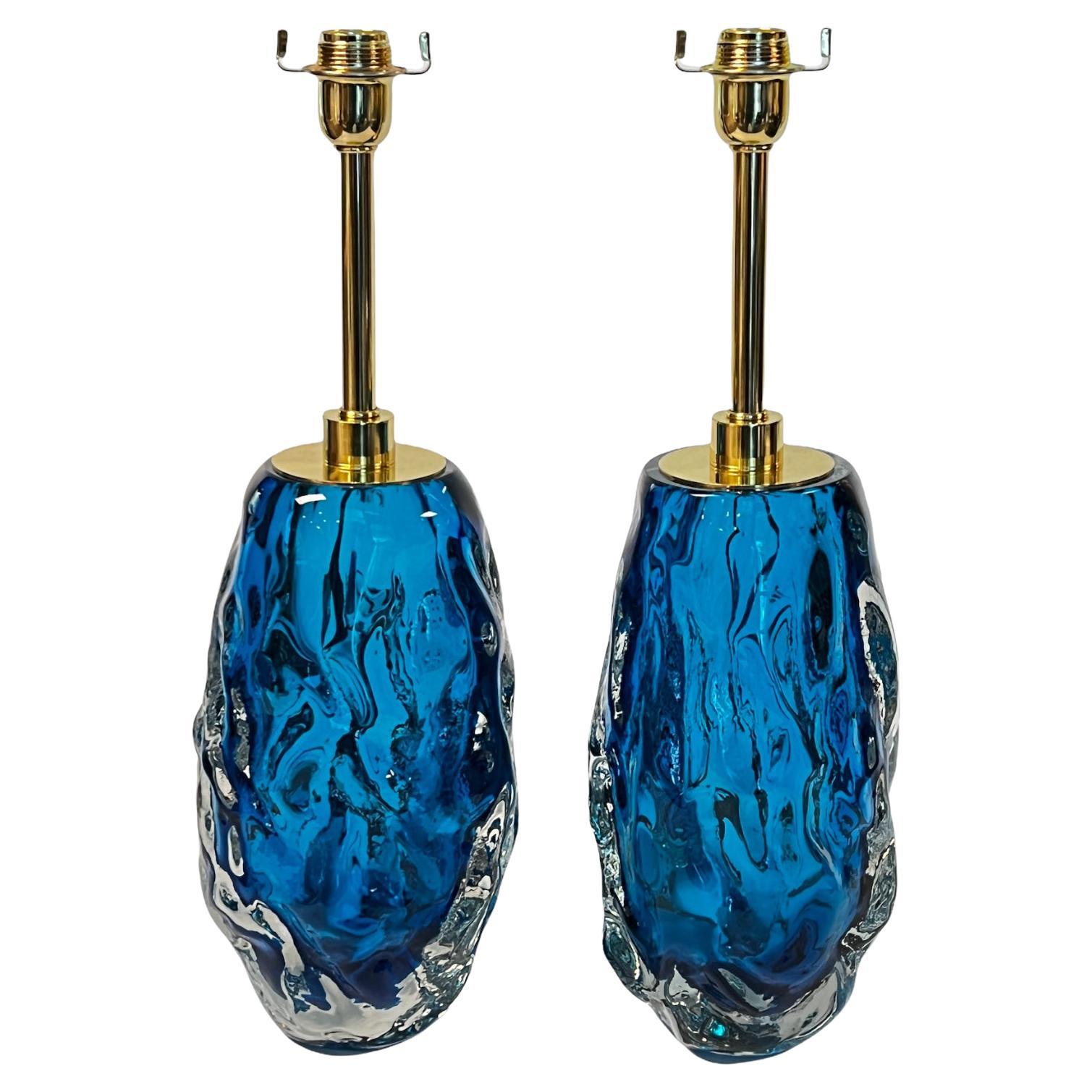 Pair Alberto Dona Blue Murano Glass Table Lamps