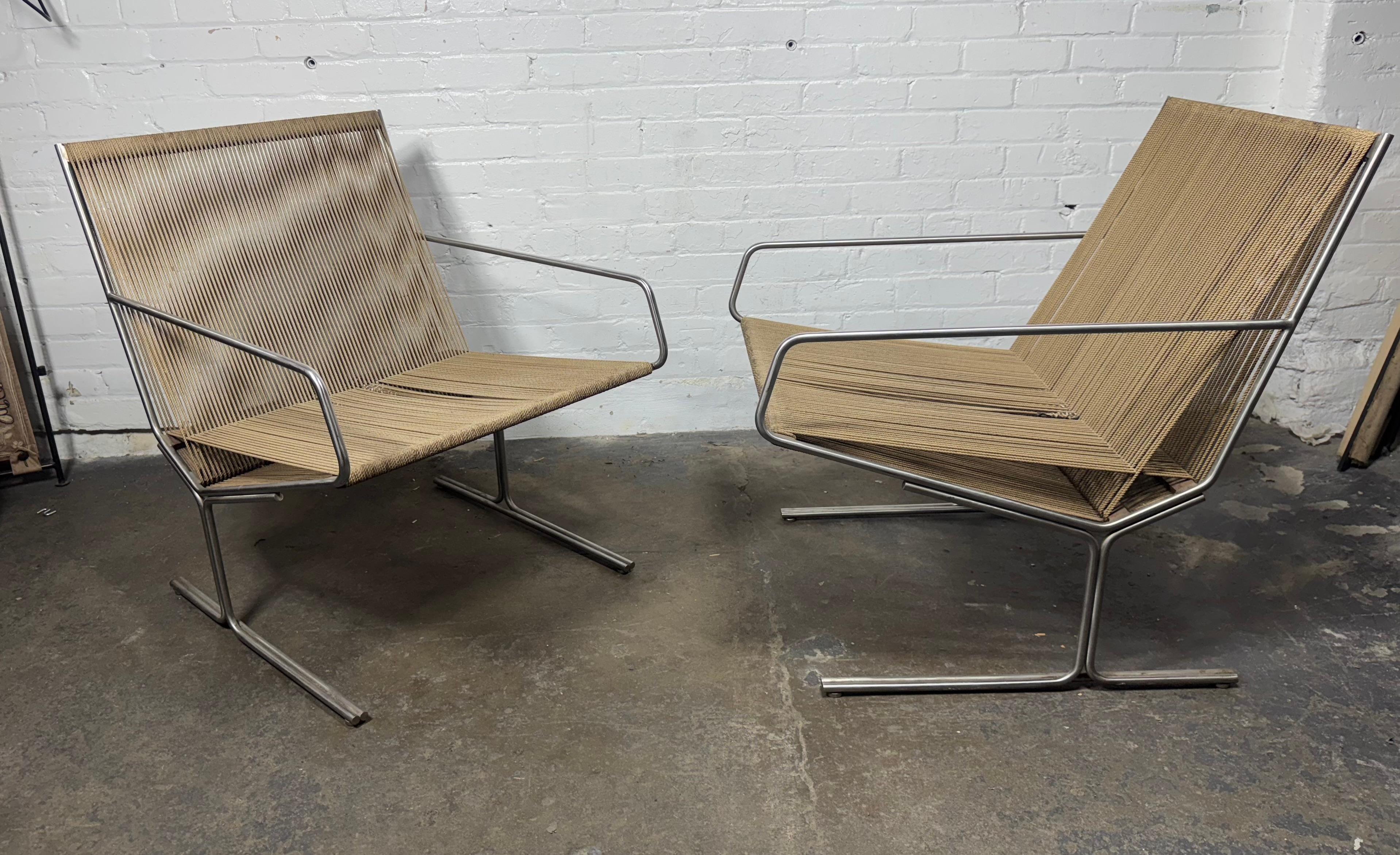 Mid-Century Modern Pair Allan Gould All Original Low String Arm Chairs / architectual modernist For Sale