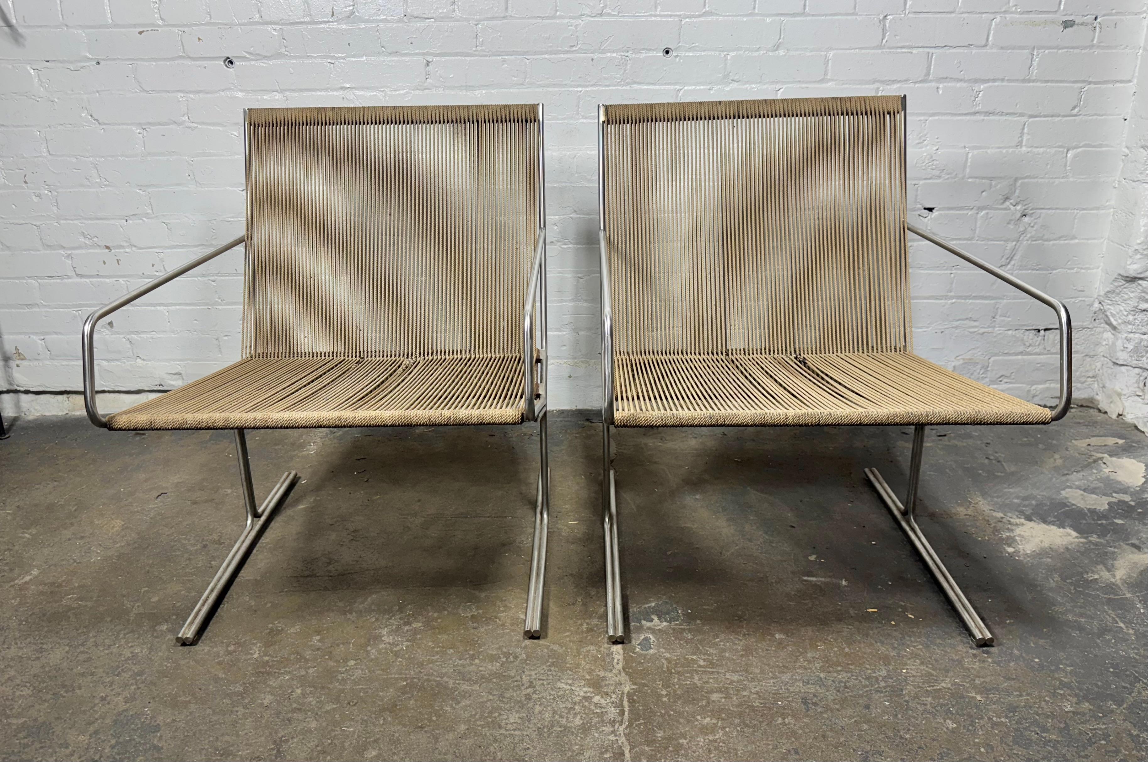 Pair Allan Gould All Original Low String Arm Chairs / architectual modernist In Fair Condition For Sale In Buffalo, NY