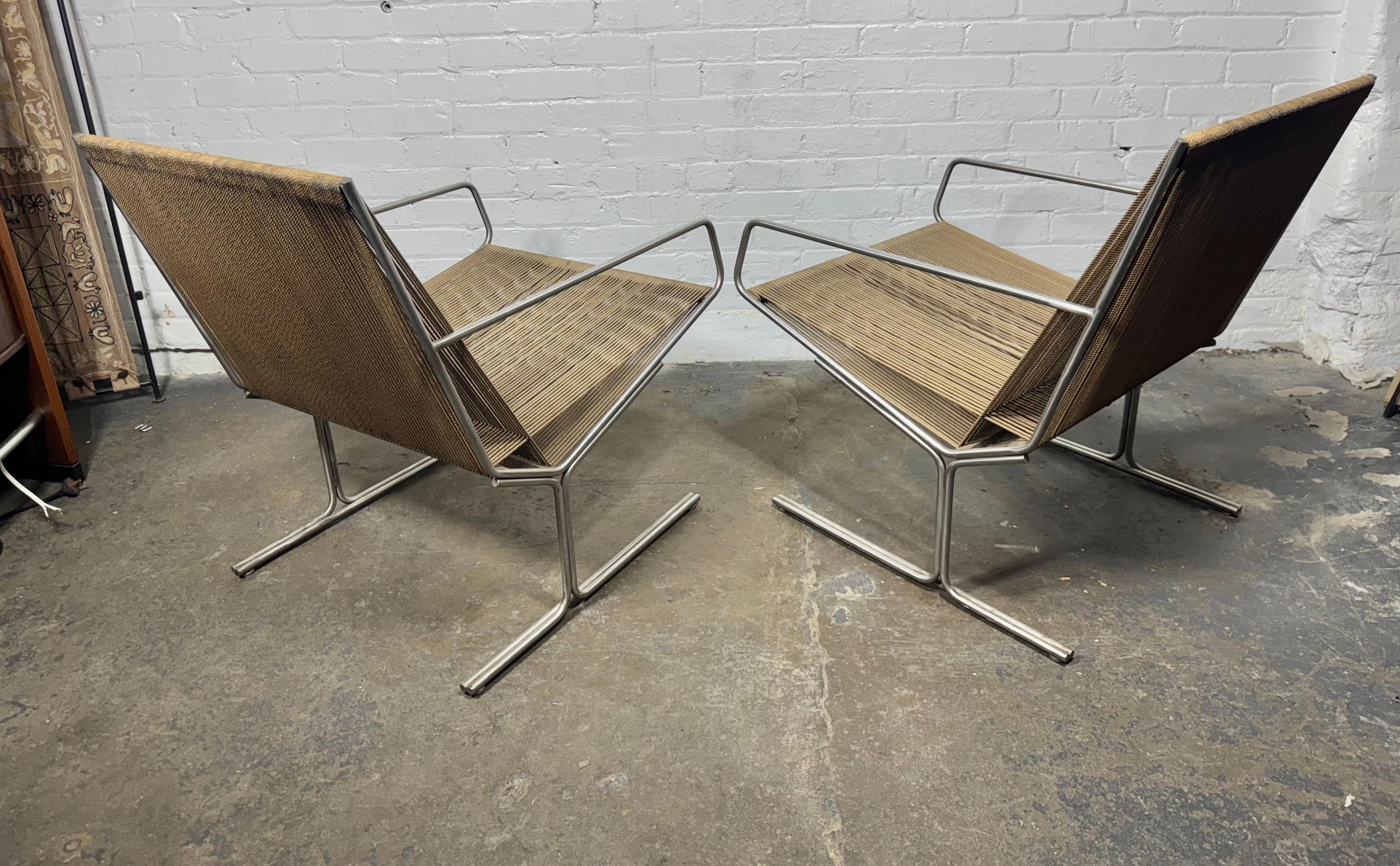 Mid-20th Century Pair Allan Gould All Original Low String Arm Chairs / architectual modernist For Sale