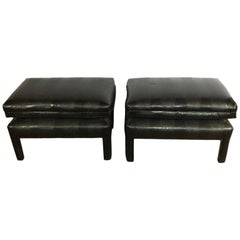 Alligator or Crocodile Faux Black Leather Cushioned Foot Stools or Benches, Pair