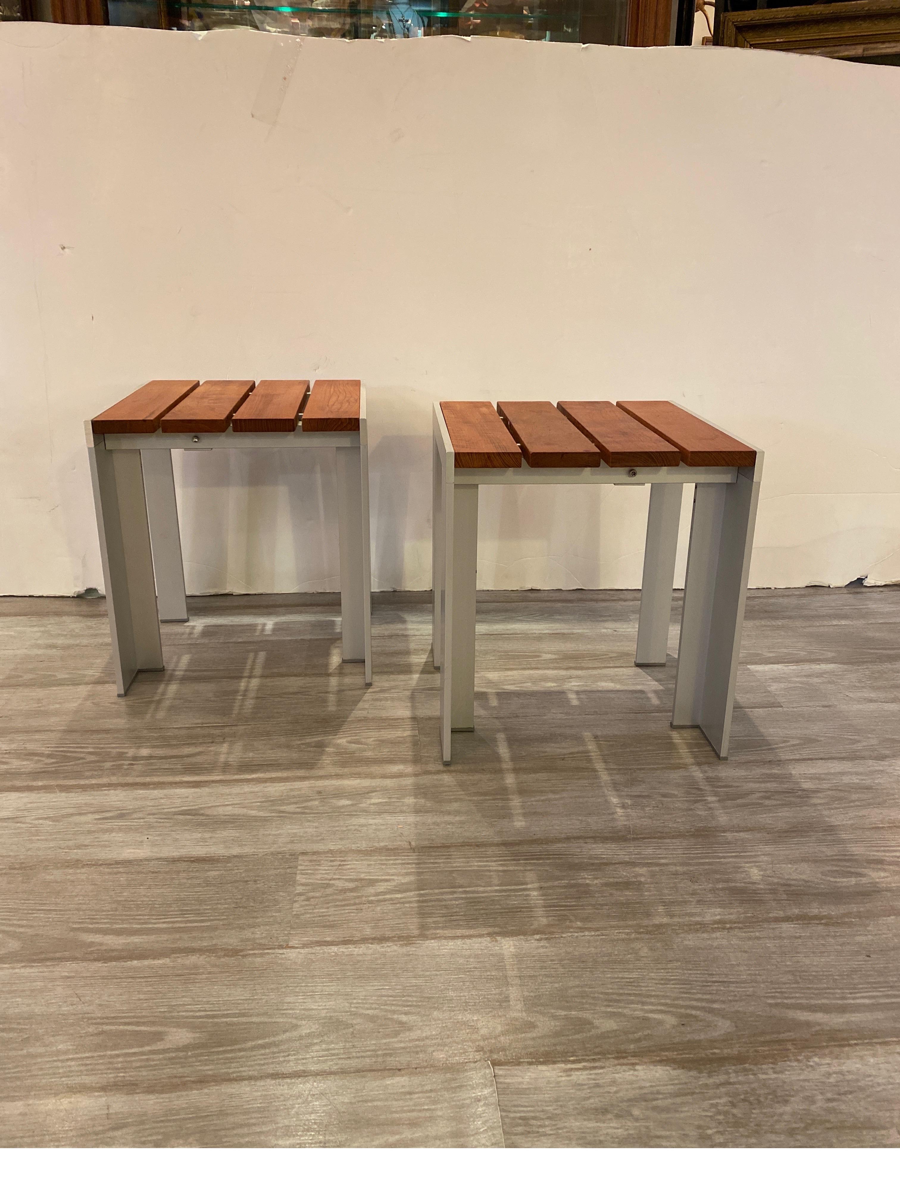 Post-Modern Pair Aluminum and Teak Bunching Tables or Benches For Sale