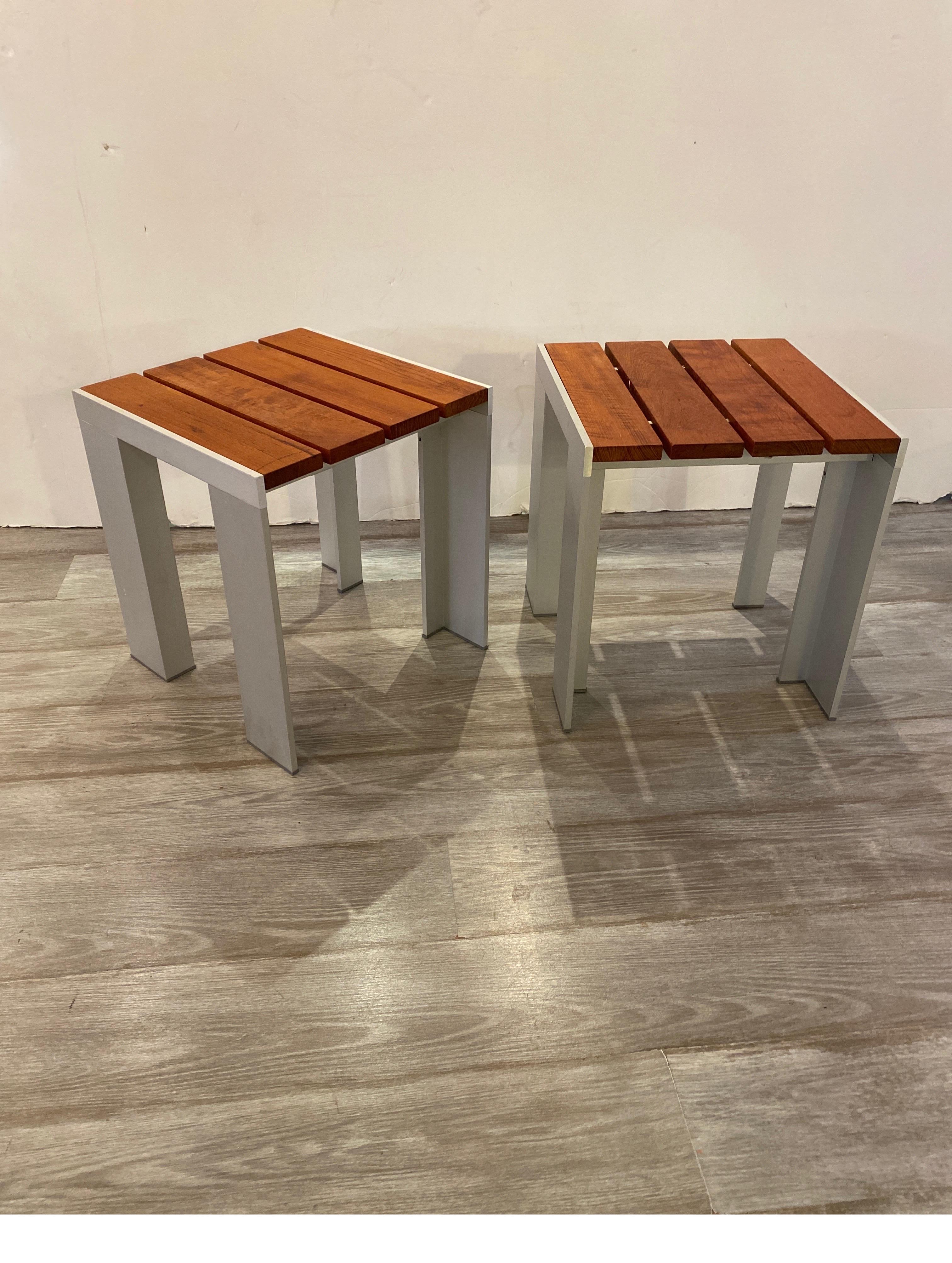 Pair Aluminum and Teak Bunching Tables or Benches For Sale 3