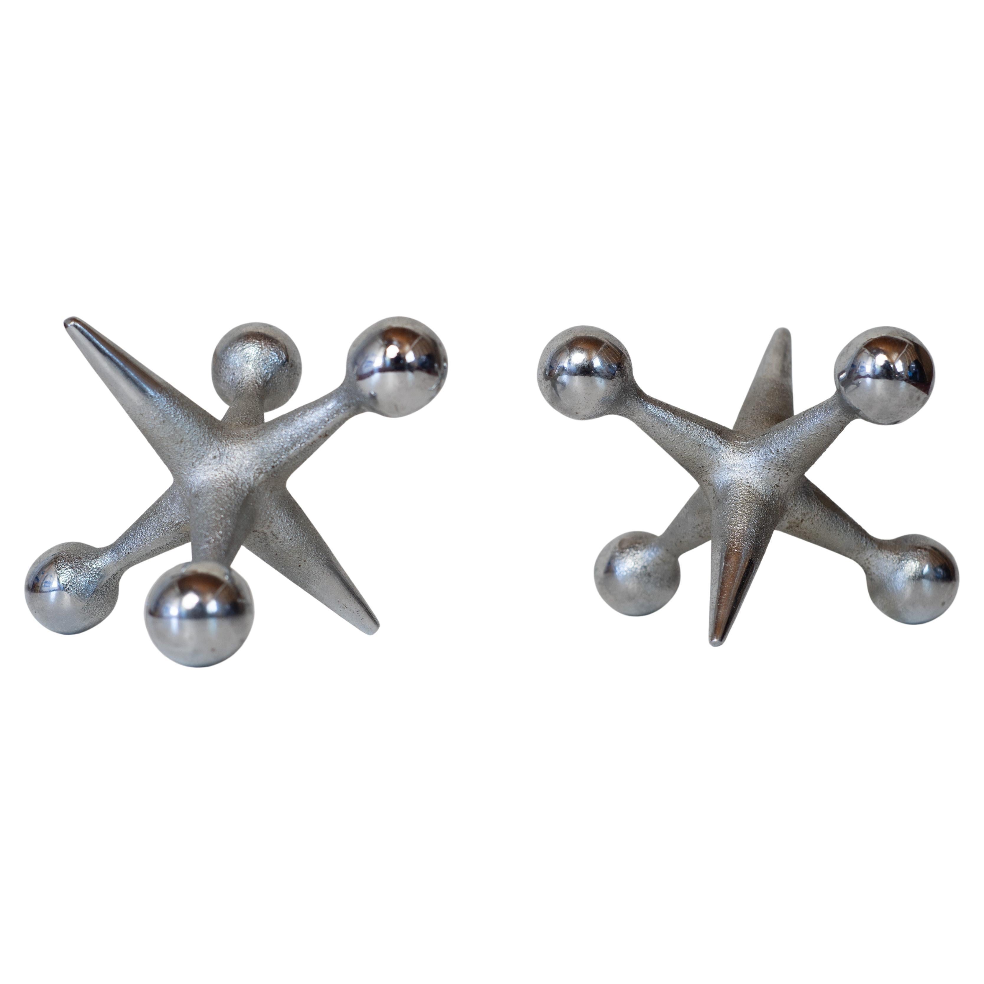 Pair Chrome Bill Curry Handmade Oversize Jacks - Jax Bookends Doorstops 1960s