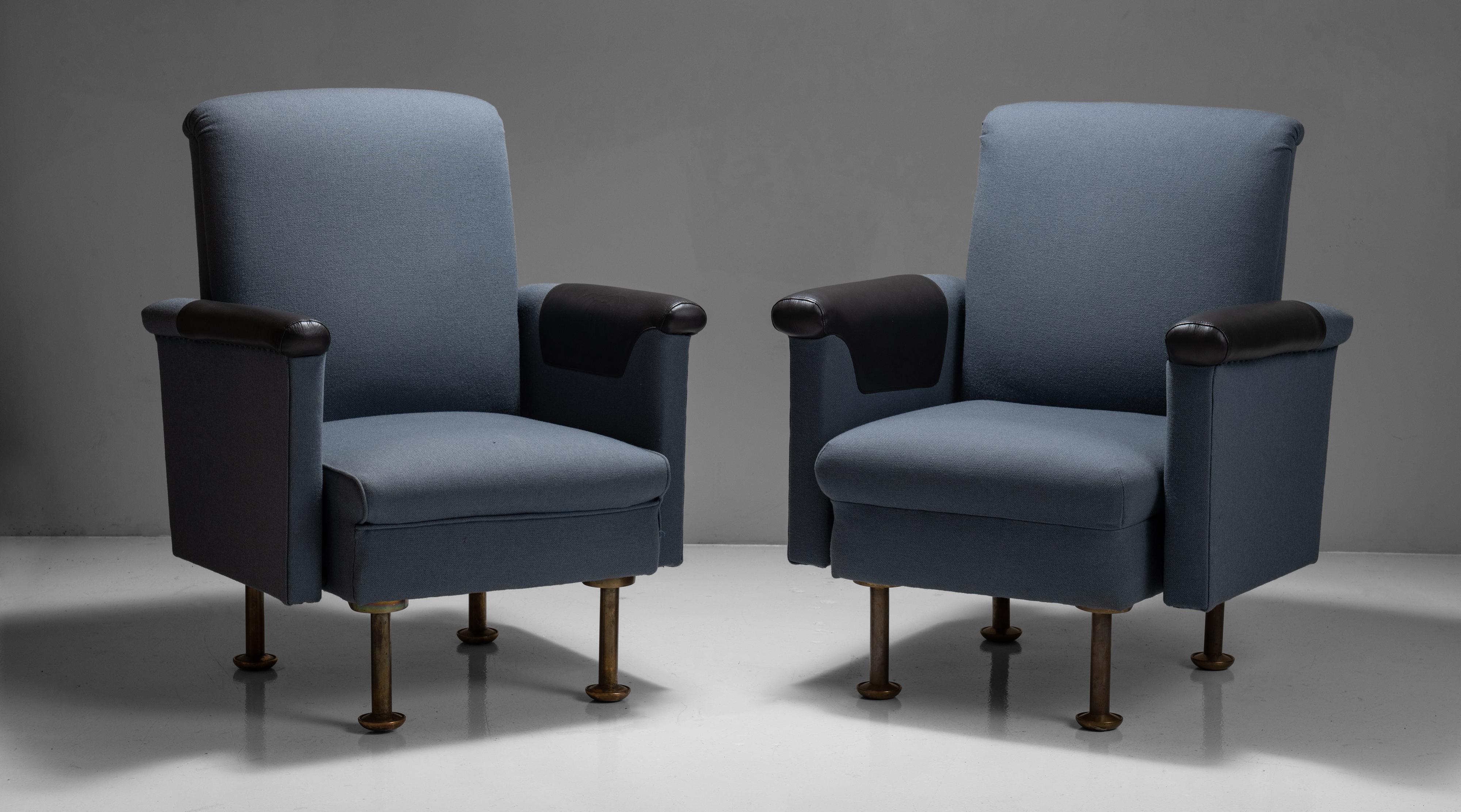 Pair of Alvar Aalto armchairs, Finland circa 1930.

Designed by Alvar Aalto for the Stora Enso Headquarters in Finland. Original light blue upholstery, with leather armrests and brass legs.

Measures: 30.5” W x 27.5” D x 35.5” H 17.5” seat.
 