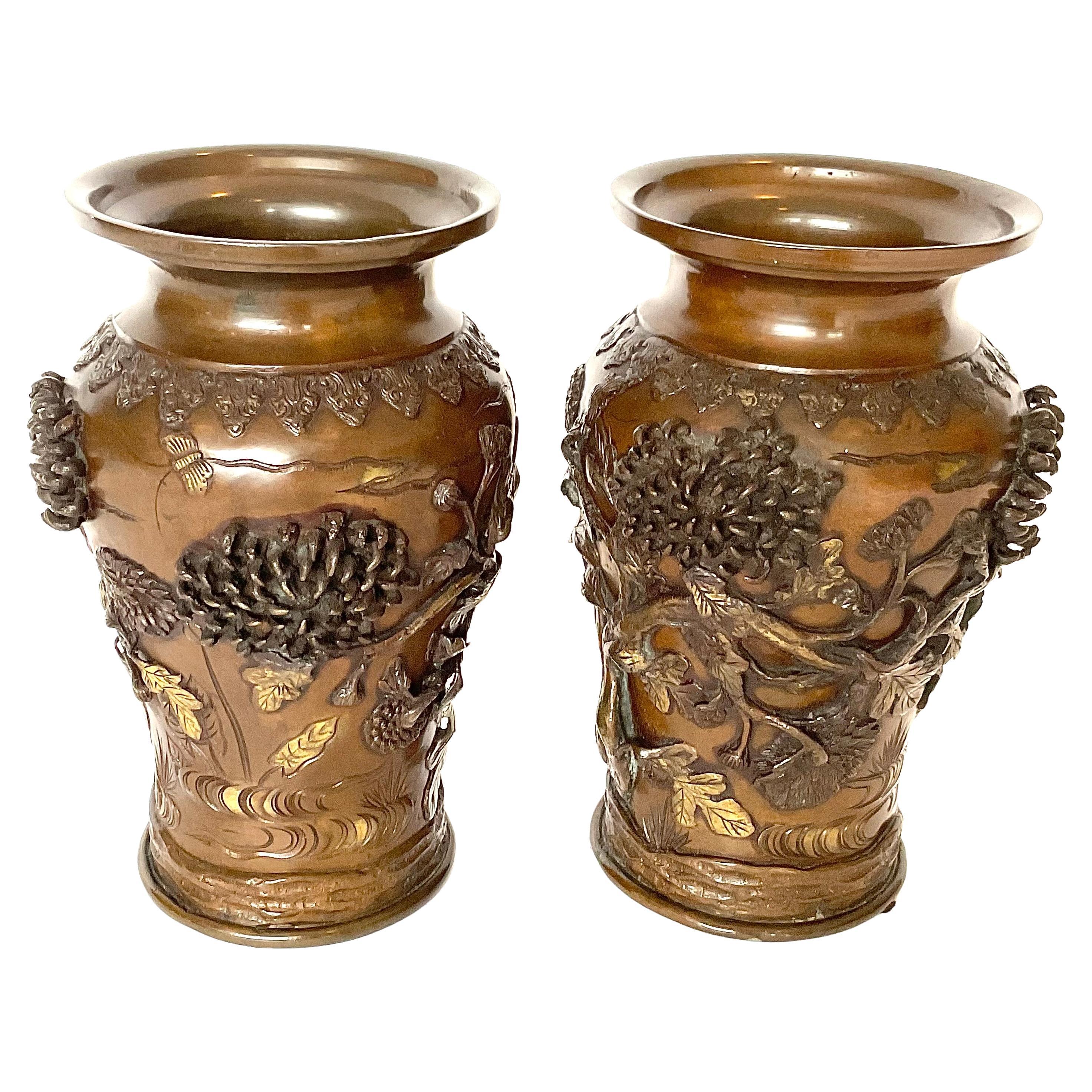 PAIR Amazing Japanese Artist Signed Bronze vases gold accents 19th Century Meiji For Sale