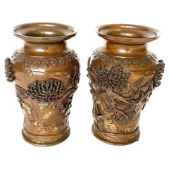 Antique PAIR Amazing Japanese Artist Signed Bronze vases gold accents 19th Century Meiji