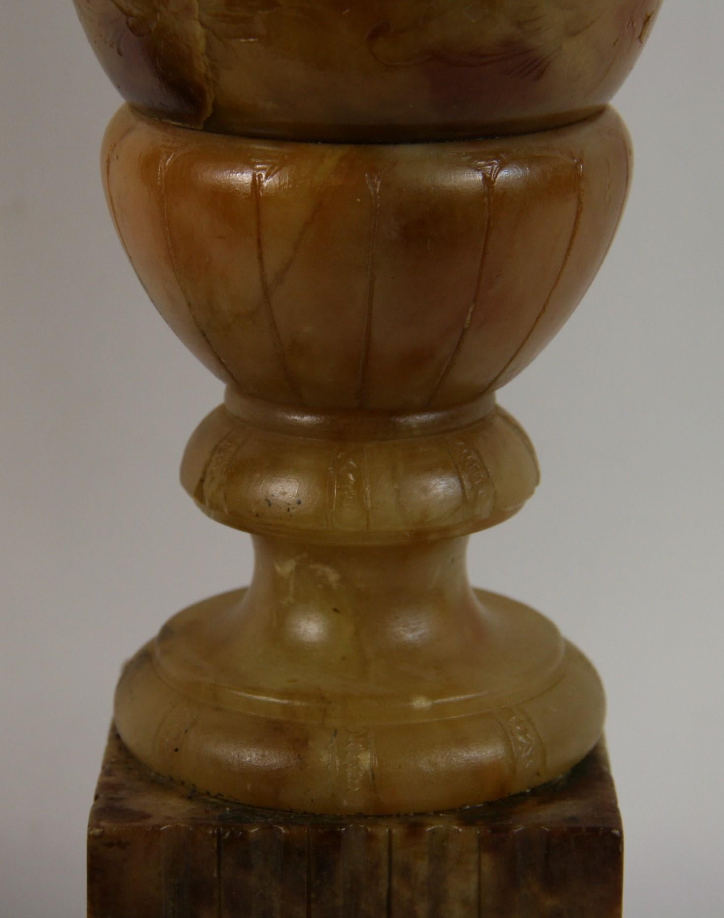 Pair of Amber Alabaster Urn Lamps, circa 1940s In Good Condition For Sale In Douglas Manor, NY