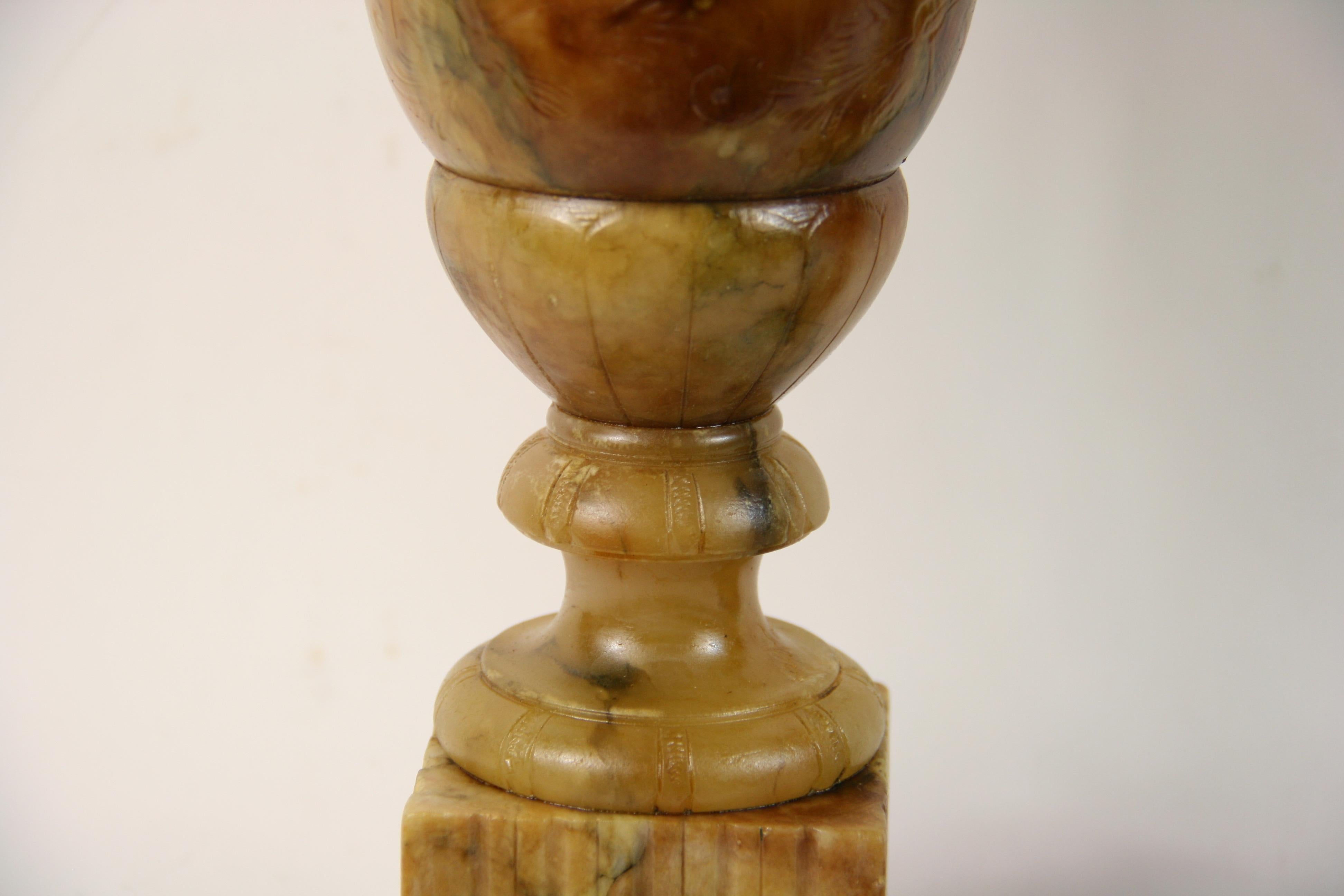 Pair of Amber Alabaster Urn Lamps, circa 1940s For Sale 2
