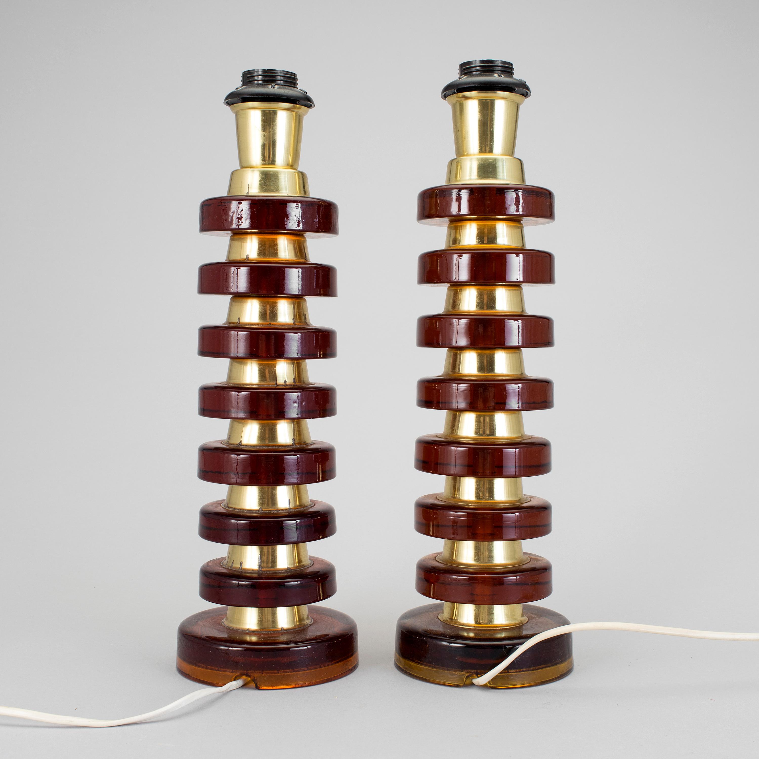 Scandinavian Modern Orrefors Table Lamps a Pair Amber Glass and Brass by Sweden, 1960 For Sale