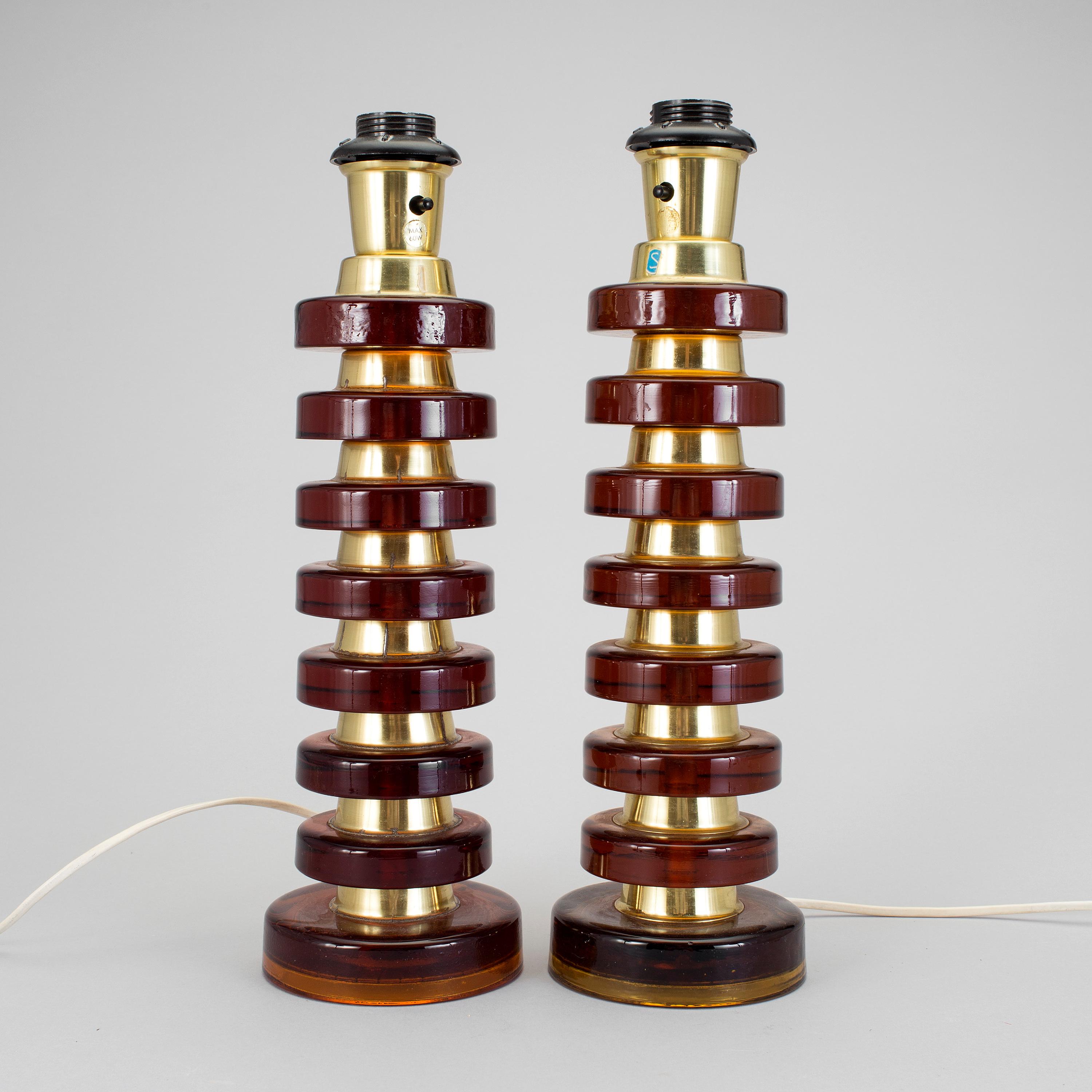 Swedish Orrefors Table Lamps a Pair Amber Glass and Brass by Sweden, 1960 For Sale