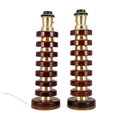 Vintage Pair Amber Glass and Brass Table Lamps by Orrefors, Sweden, 1960